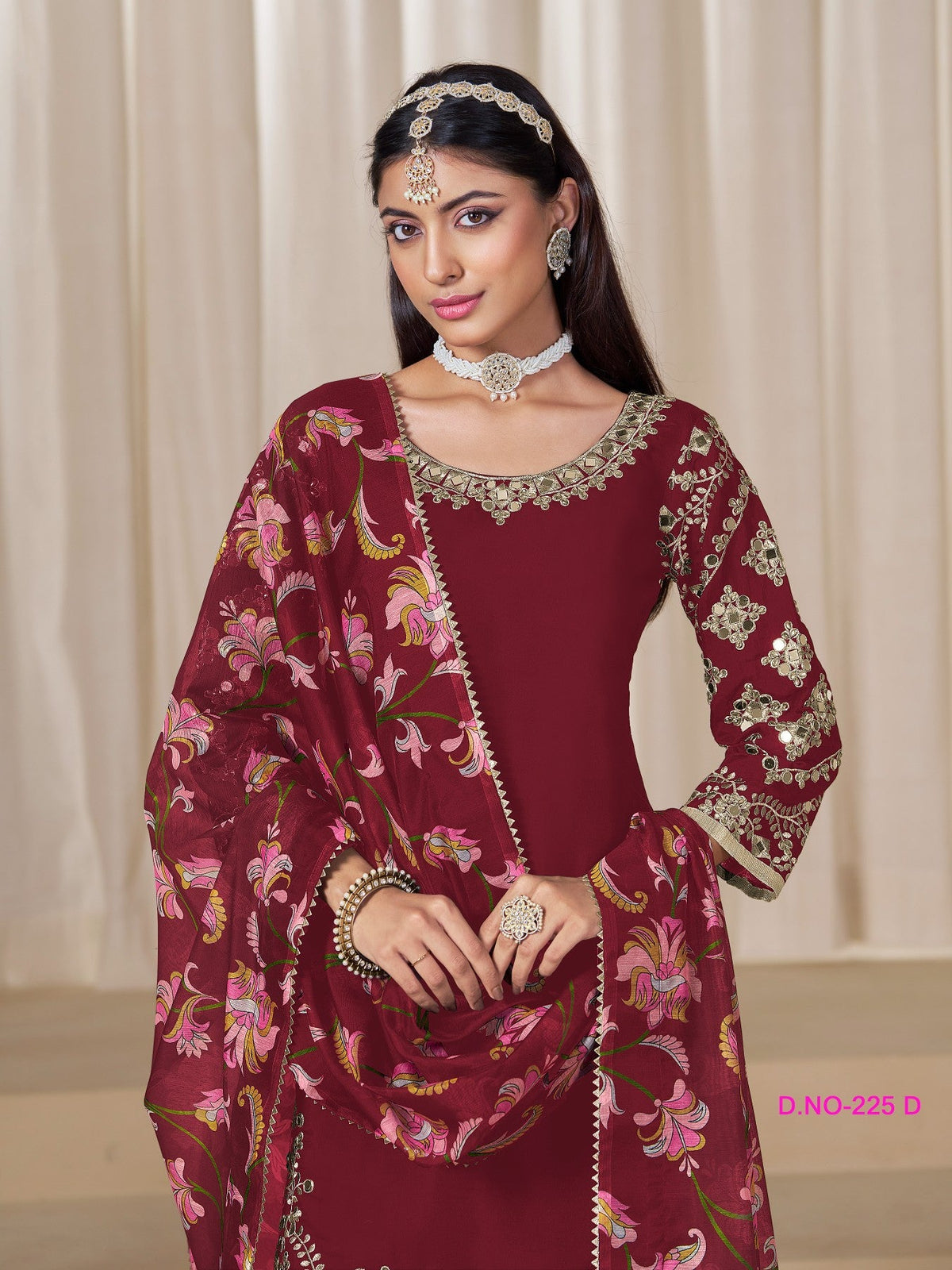 Anaita Blood-Red Premium Embroidered Roman Silk Salwar Suit | Grocsy