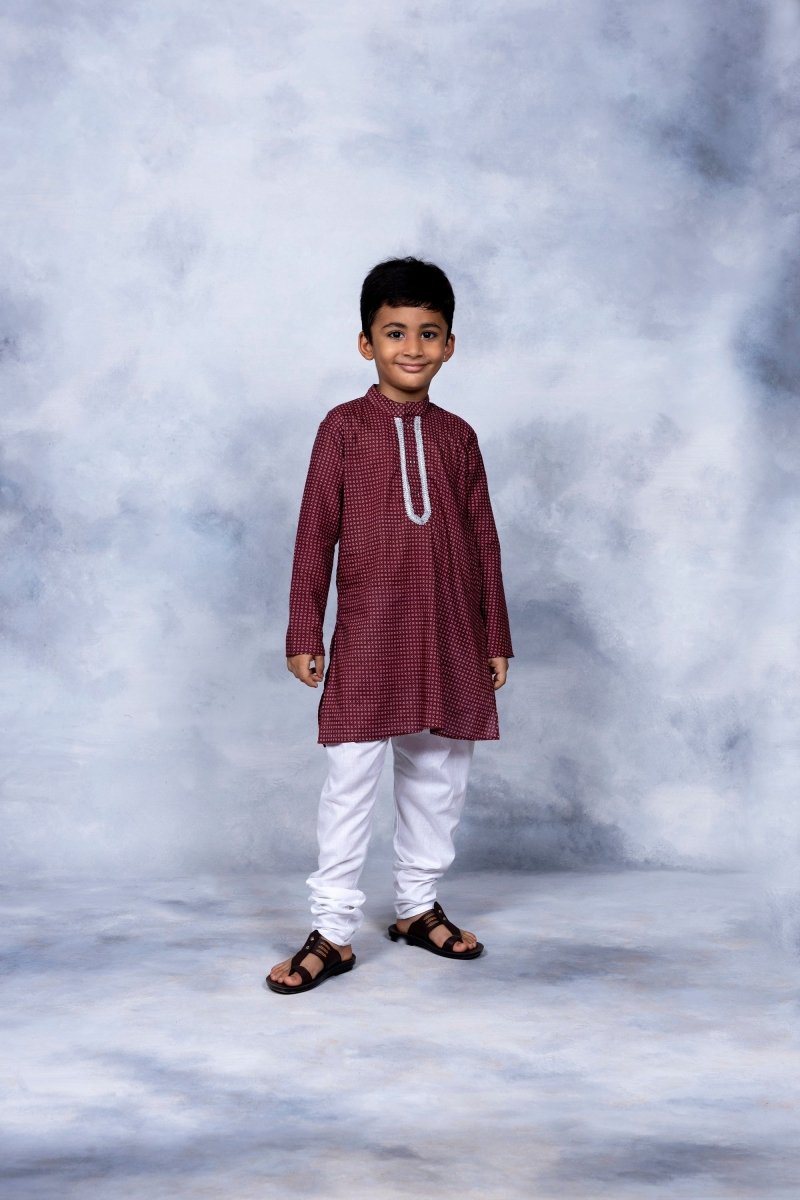 Ahalyaa Boys Maroon Pure Cotton Digital Print Kids Kurta Churidar Set | Grocsy