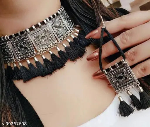 Tehzeeb Creations Women's Silver Colour Oxidised Necklace And Earrings With Black Yarn Design | Grocsy