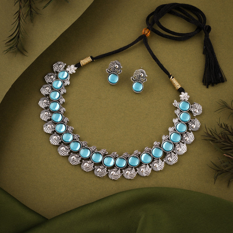 Tehzeeb Creations Silver Plated Sky Blue Colour Stone Jewellery Choker Necklace Set With Matching Pair of Stud Earrings | Grocsy
