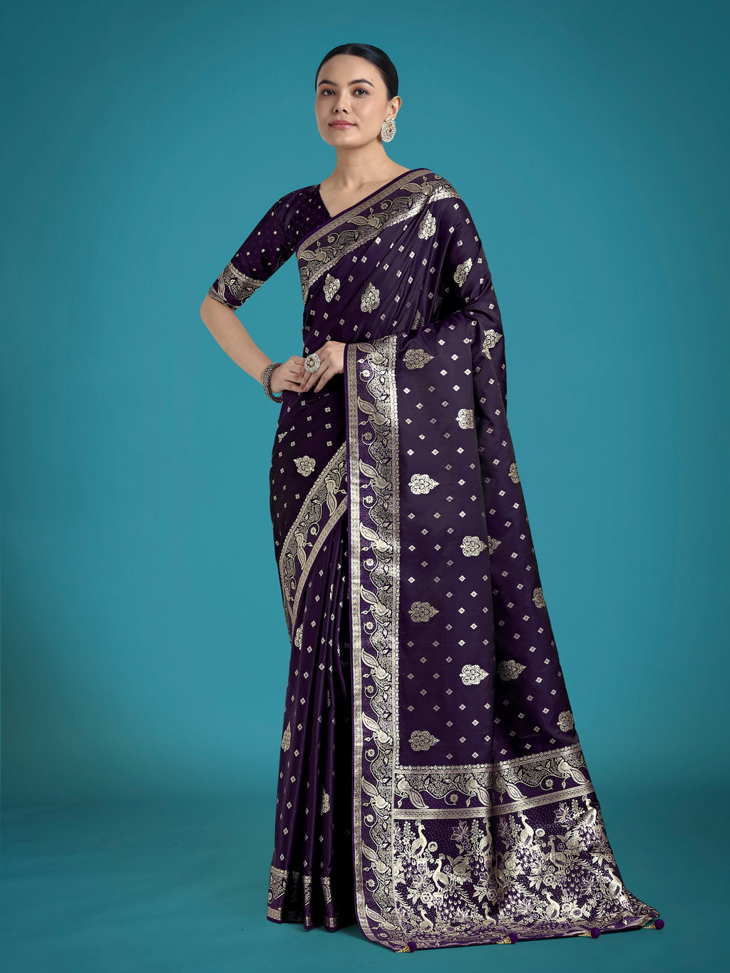 Monjolika Fashion Traditional Purple Woven Banarasi Satin Silk Saree | Grocsy