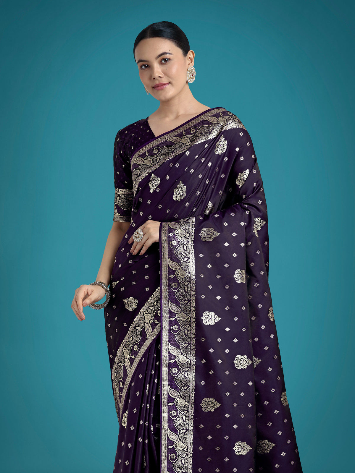 Monjolika Fashion Traditional Purple Woven Banarasi Satin Silk Saree | Grocsy