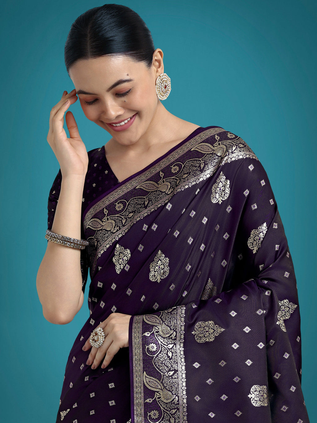 Monjolika Fashion Traditional Purple Woven Banarasi Satin Silk Saree | Grocsy