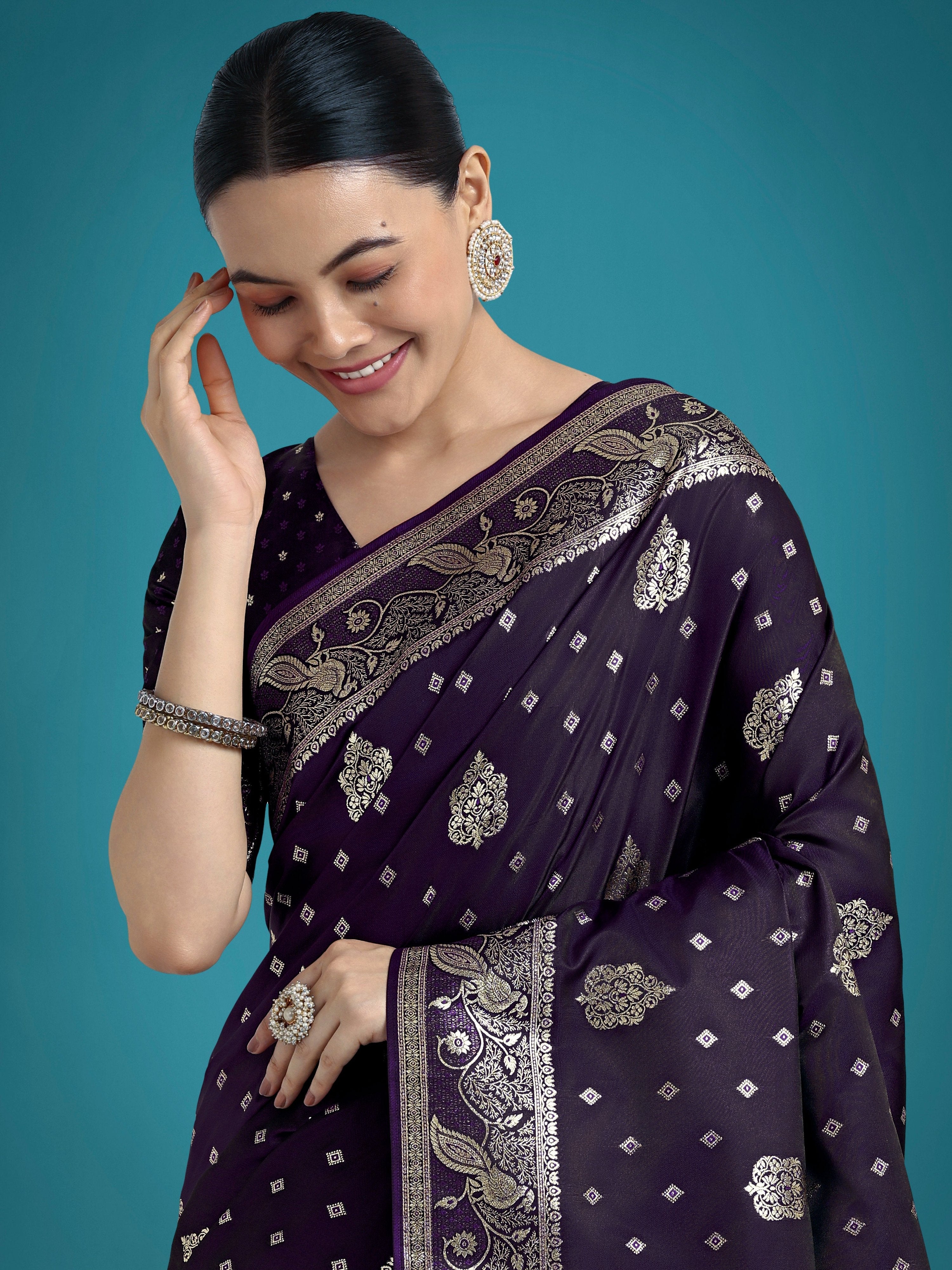 Monjolika Fashion Traditional Purple Woven Banarasi Satin Silk Saree | Grocsy