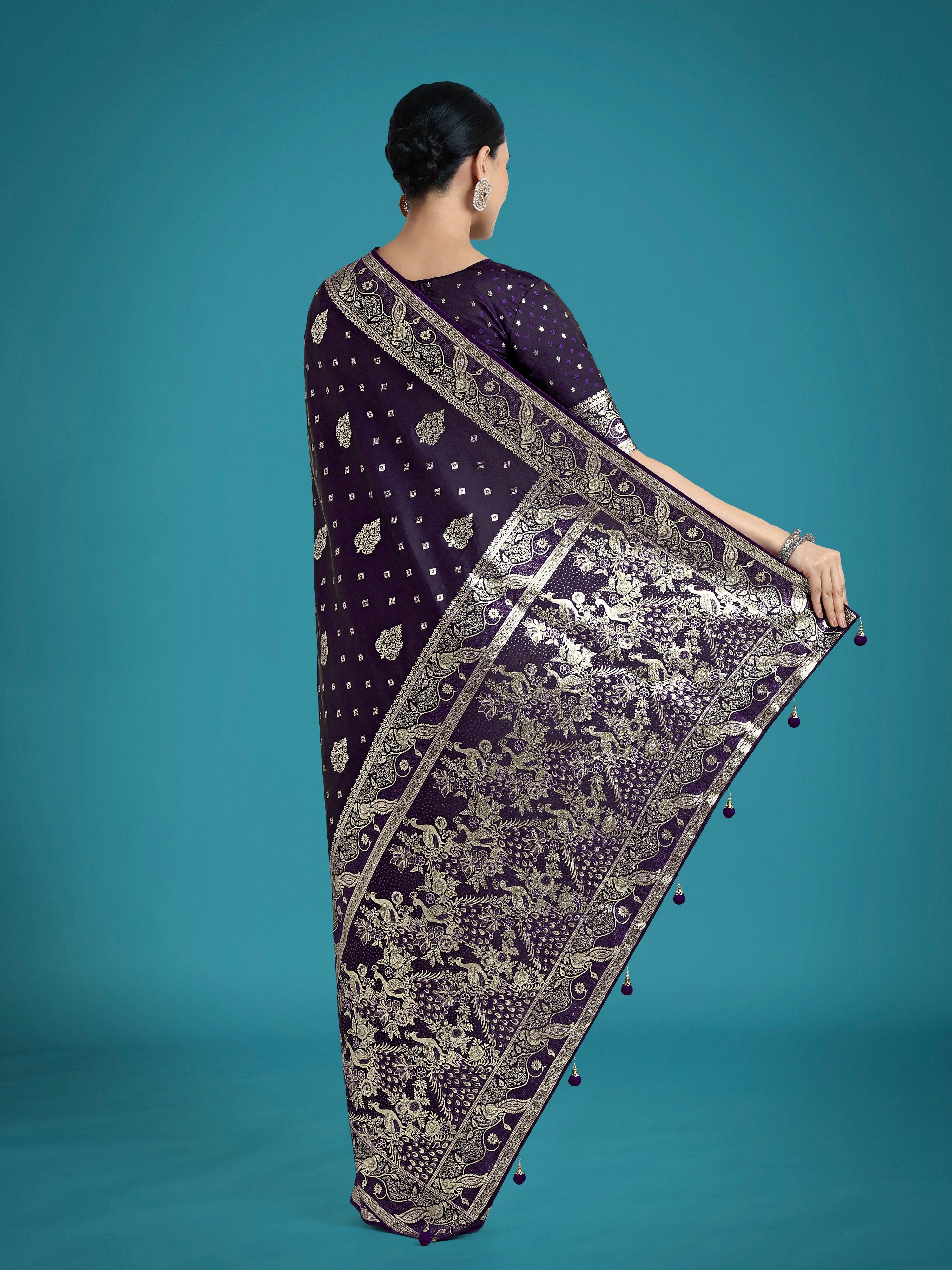 Monjolika Fashion Traditional Purple Woven Banarasi Satin Silk Saree | Grocsy