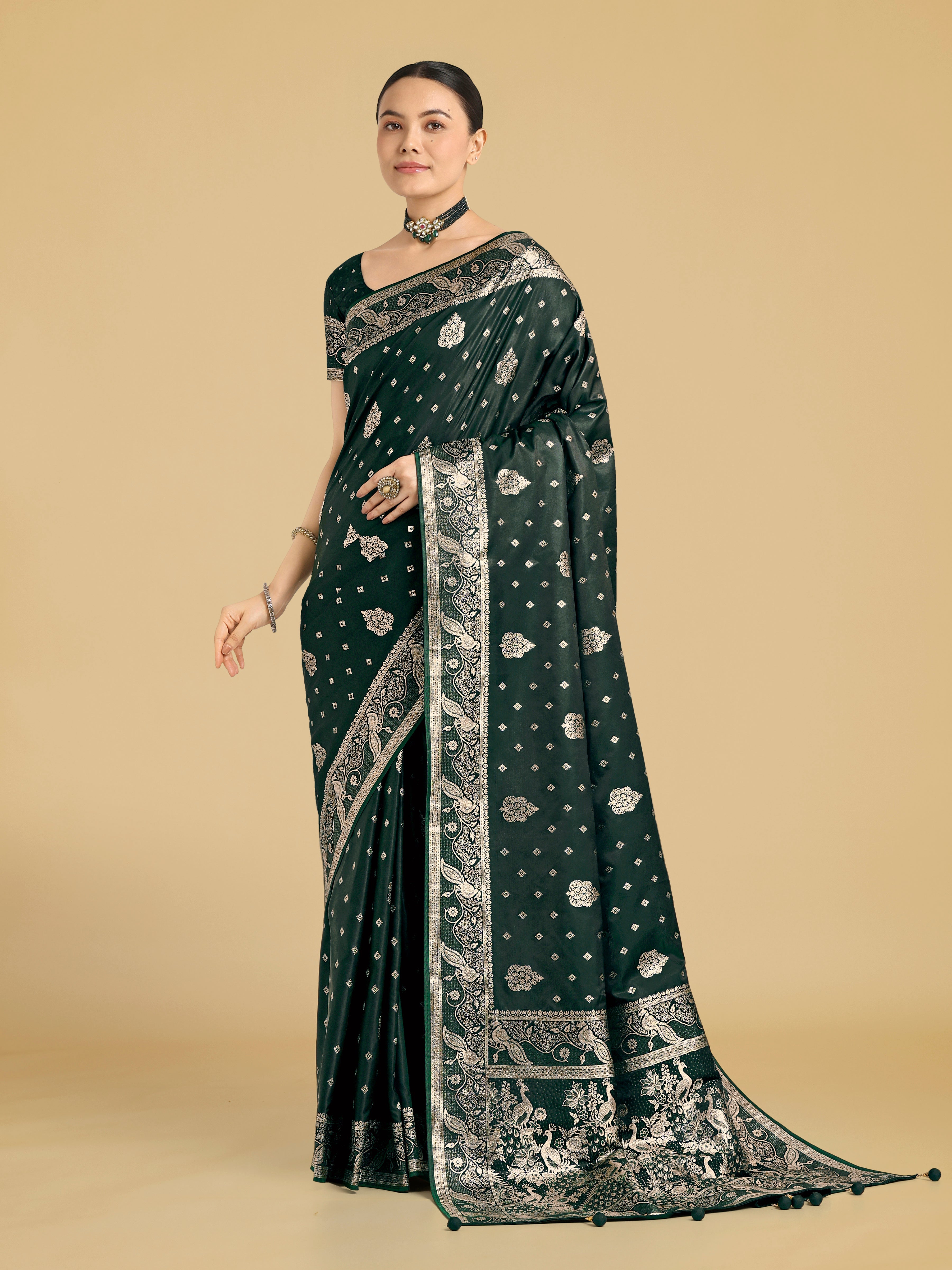 Monjolika Fashion Traditional Dark Geen Woven Banarasi Satin Silk Saree | Grocsy