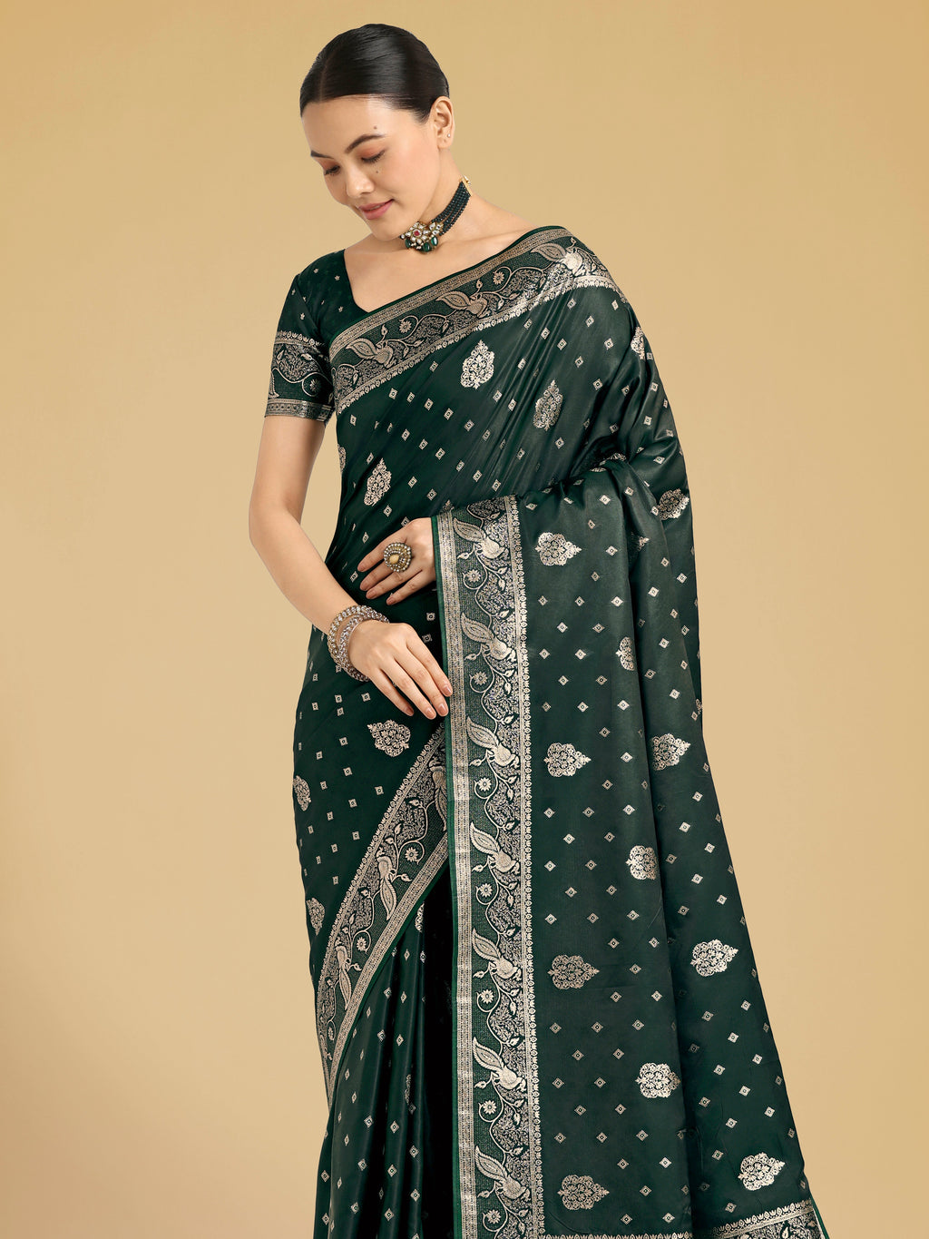 Monjolika Fashion Traditional Dark Geen Woven Banarasi Satin Silk Saree | Grocsy