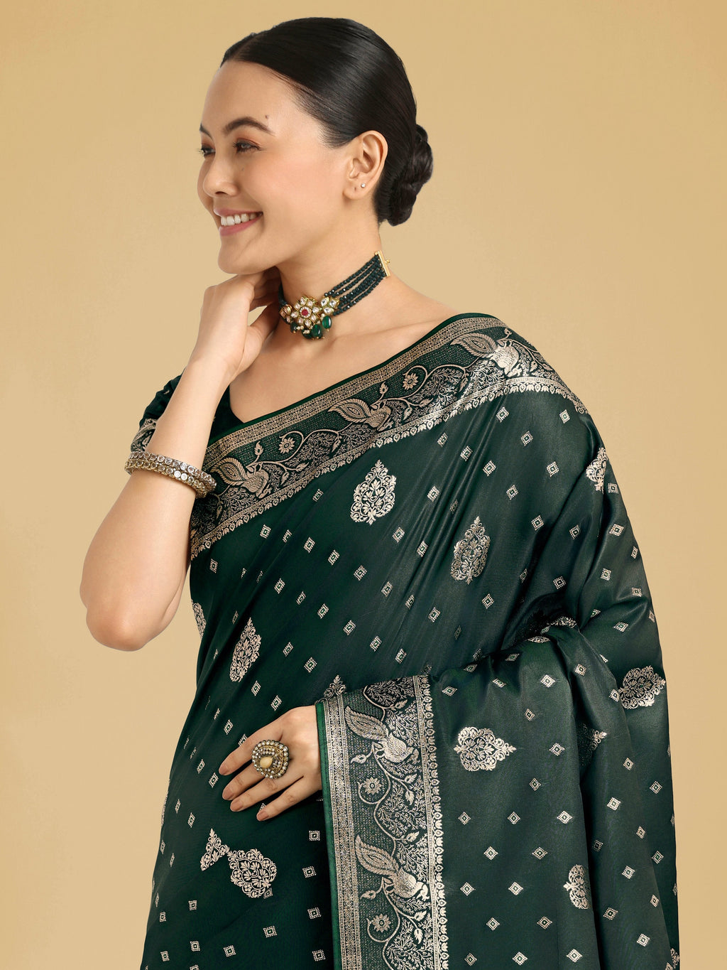 Monjolika Fashion Traditional Dark Geen Woven Banarasi Satin Silk Saree | Grocsy