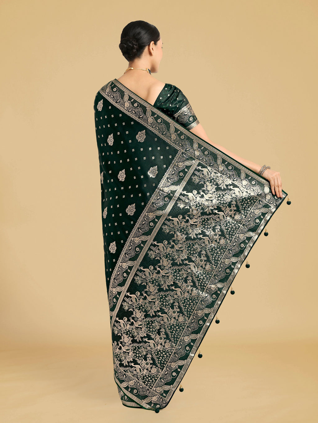 Monjolika Fashion Traditional Dark Geen Woven Banarasi Satin Silk Saree | Grocsy