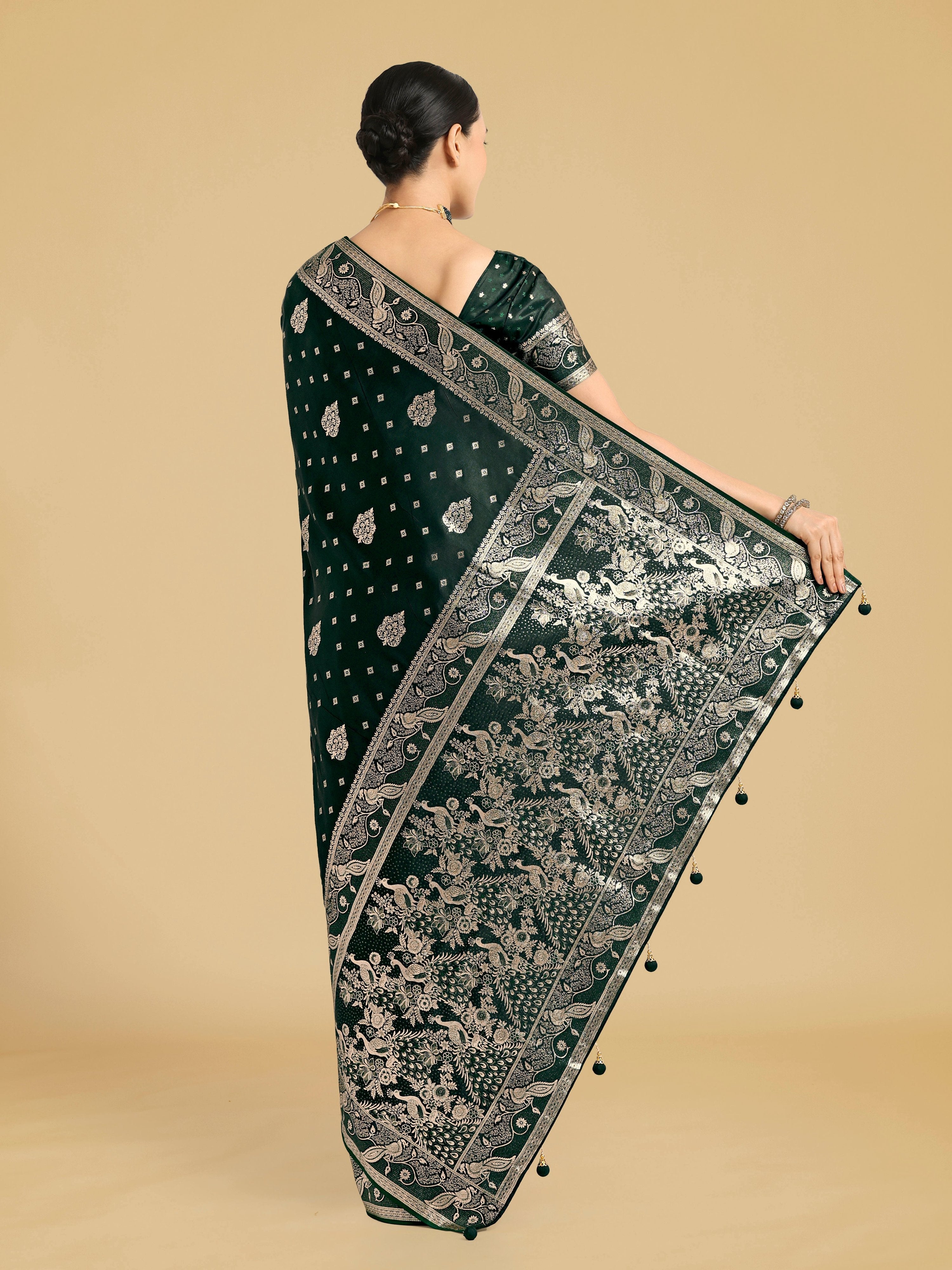 Monjolika Fashion Traditional Dark Geen Woven Banarasi Satin Silk Saree | Grocsy