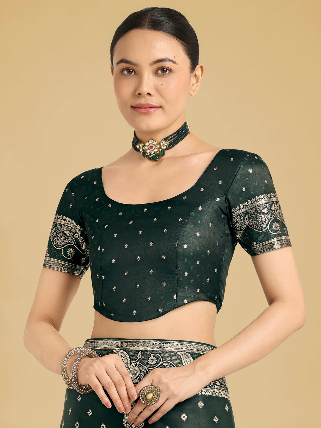 Monjolika Fashion Traditional Dark Geen Woven Banarasi Satin Silk Saree | Grocsy