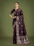 Monjolika Fashion Traditional Wine Woven Banarasi Satin Silk Saree | Grocsy