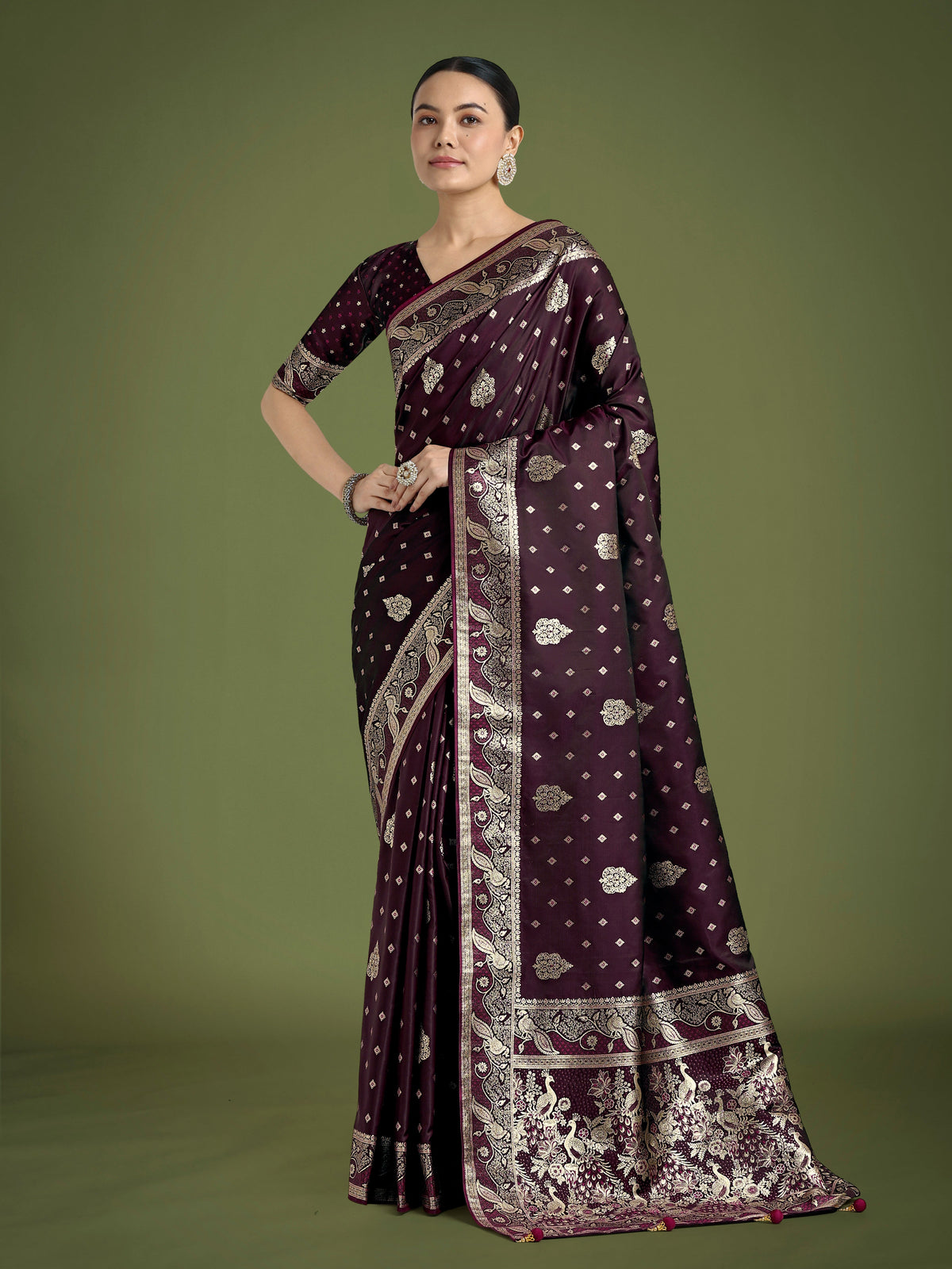 Monjolika Fashion Traditional Wine Woven Banarasi Satin Silk Saree | Grocsy