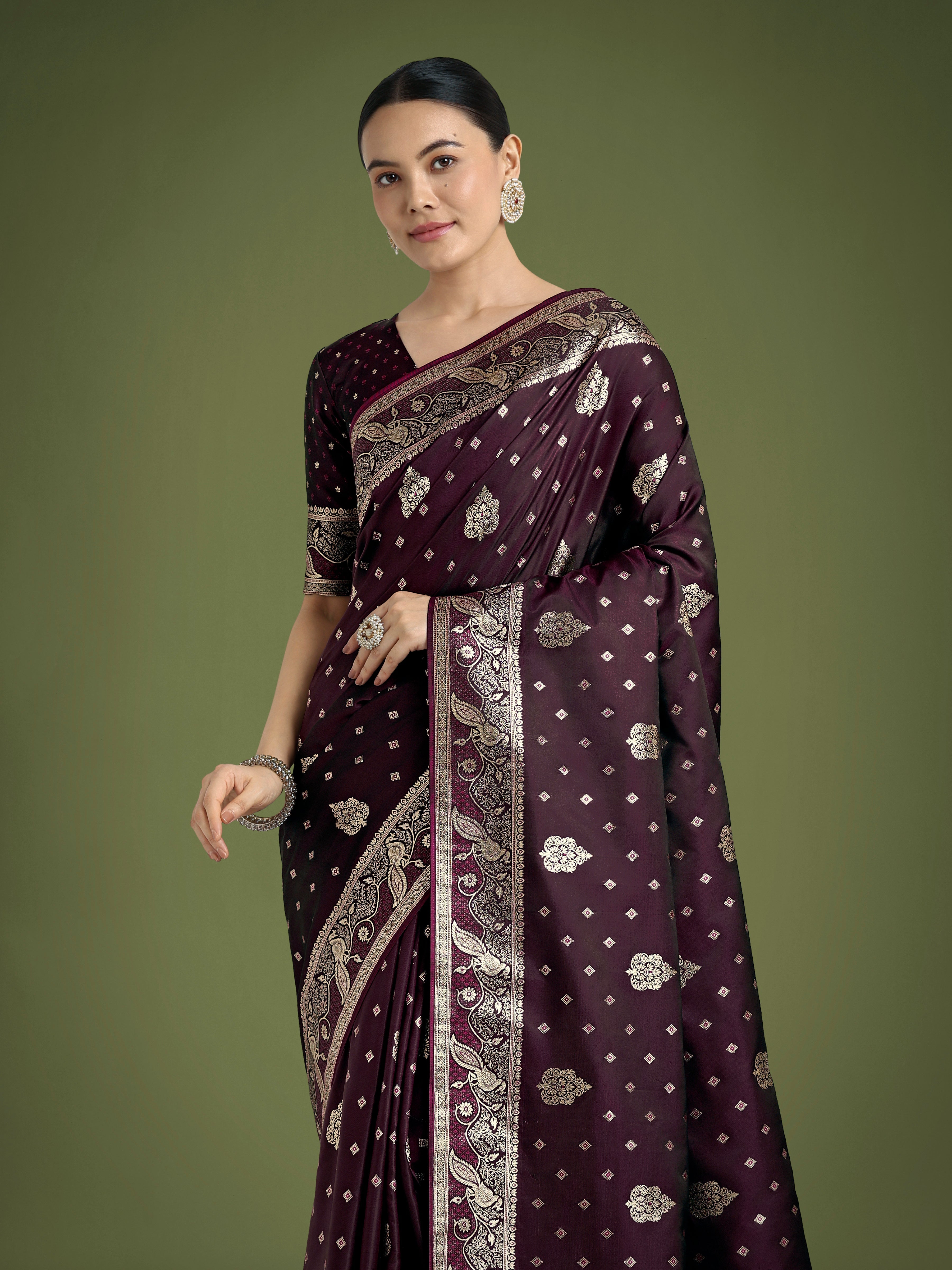 Monjolika Fashion Traditional Wine Woven Banarasi Satin Silk Saree | Grocsy