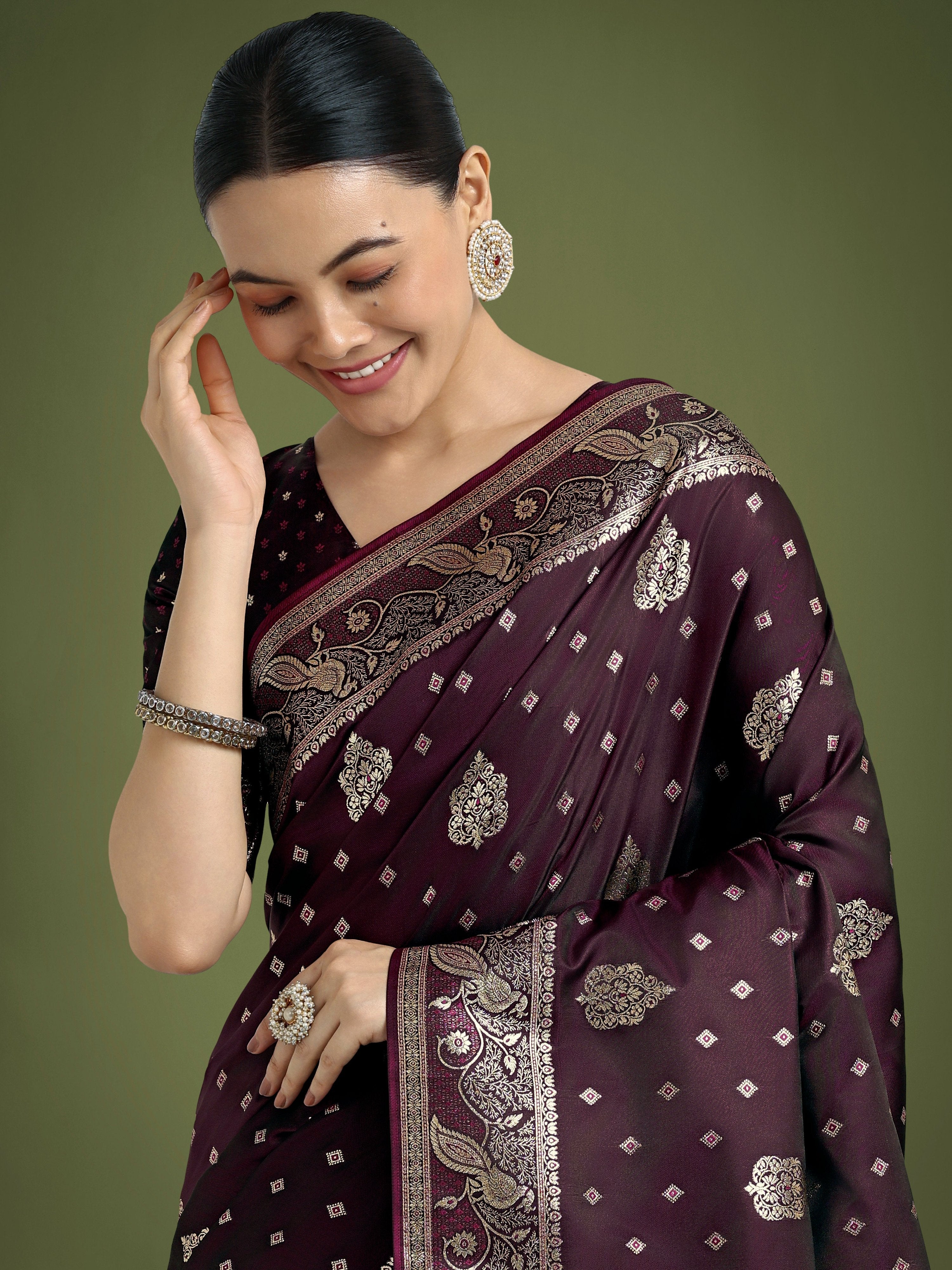 Monjolika Fashion Traditional Wine Woven Banarasi Satin Silk Saree | Grocsy