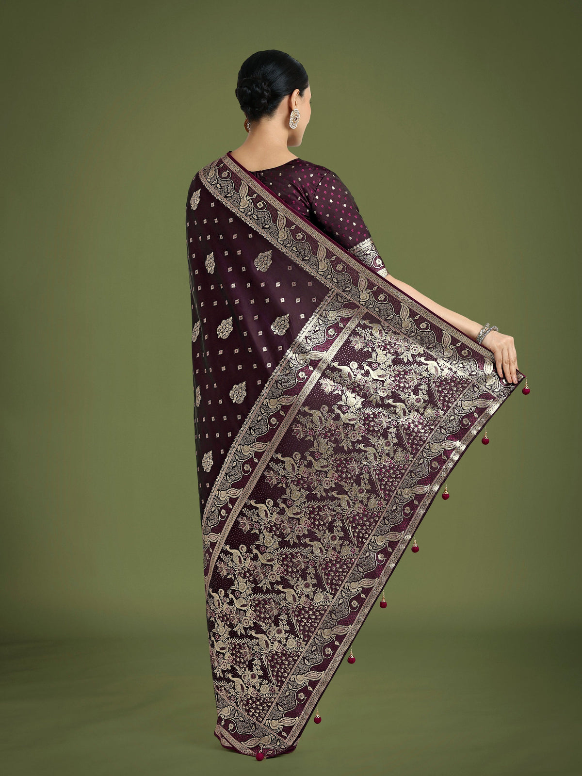 Monjolika Fashion Traditional Wine Woven Banarasi Satin Silk Saree | Grocsy