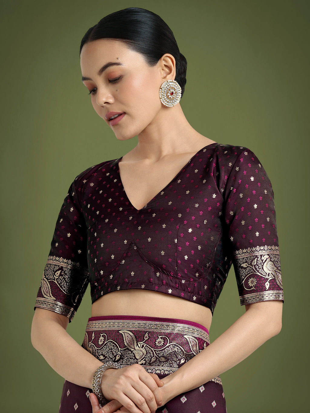 Monjolika Fashion Traditional Wine Woven Banarasi Satin Silk Saree | Grocsy