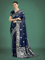 Monjolika Fashion Traditional Blue Woven Banarasi Satin Silk Saree | Grocsy
