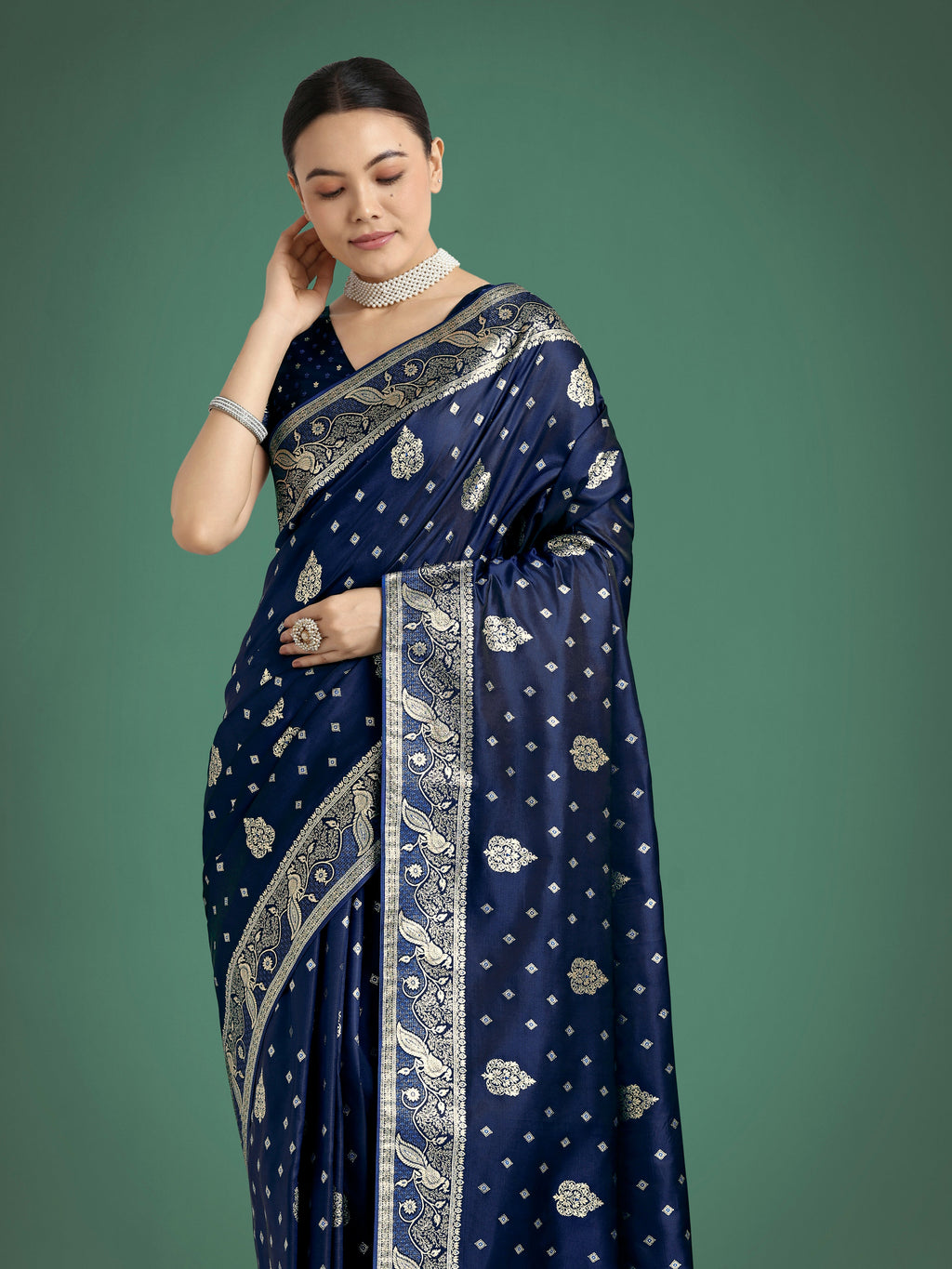 Monjolika Fashion Traditional Blue Woven Banarasi Satin Silk Saree | Grocsy