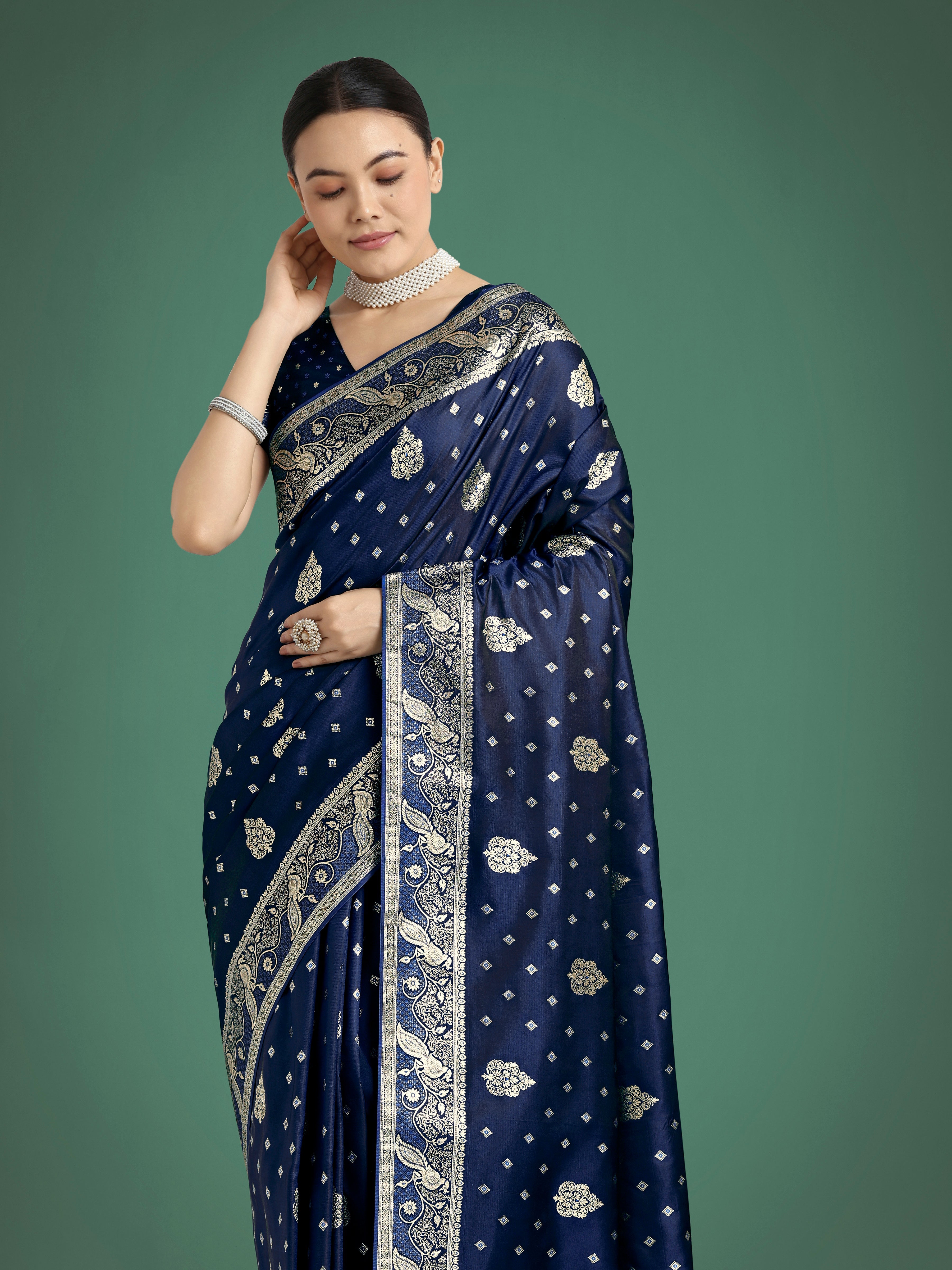 Monjolika Fashion Traditional Blue Woven Banarasi Satin Silk Saree | Grocsy