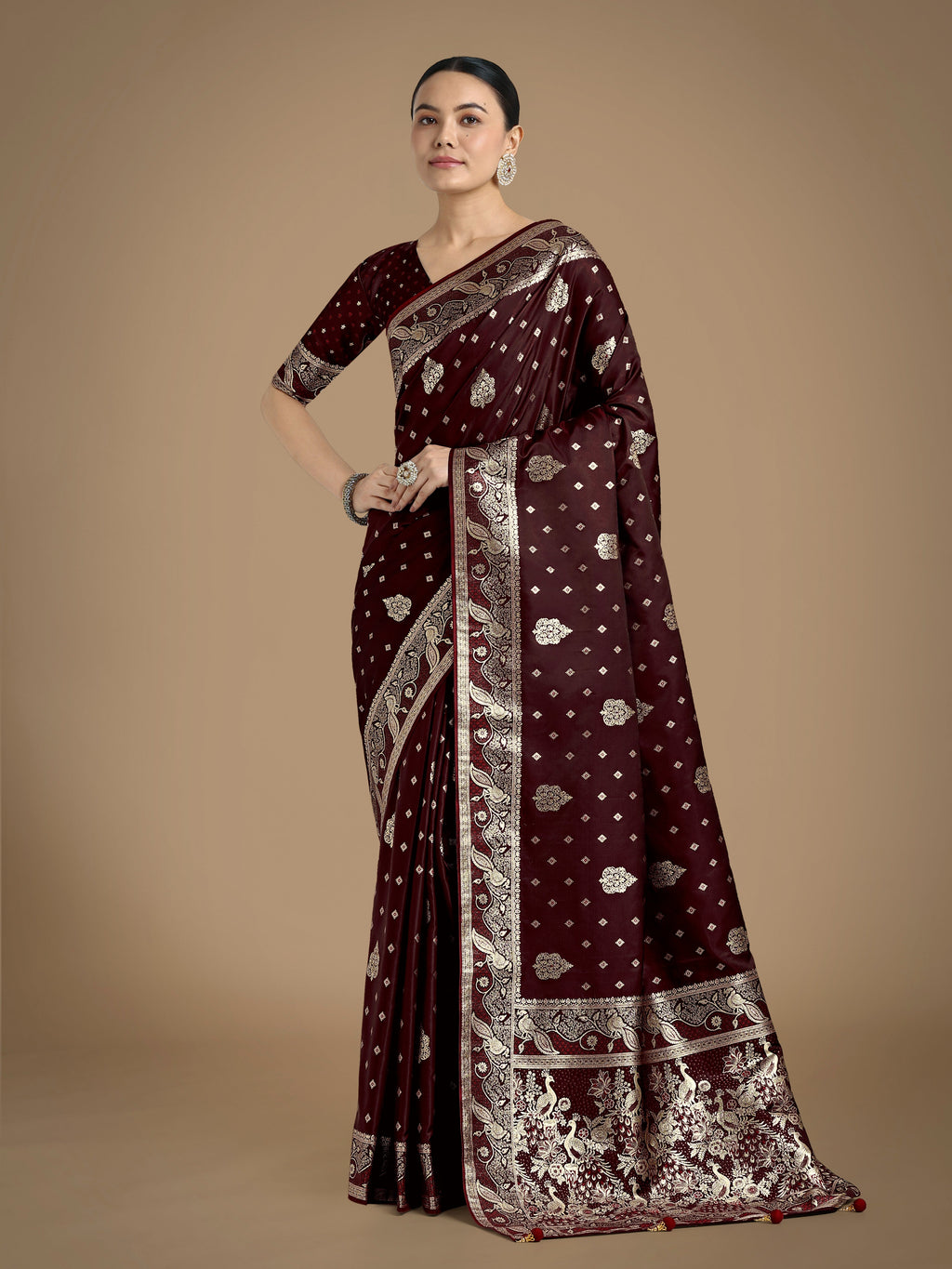 Monjolika Fashion Traditional Maroon Woven Banarasi Satin Silk Saree | Grocsy