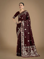 Monjolika Fashion Traditional Maroon Woven Banarasi Satin Silk Saree | Grocsy