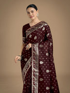 Monjolika Fashion Traditional Maroon Woven Banarasi Satin Silk Saree | Grocsy