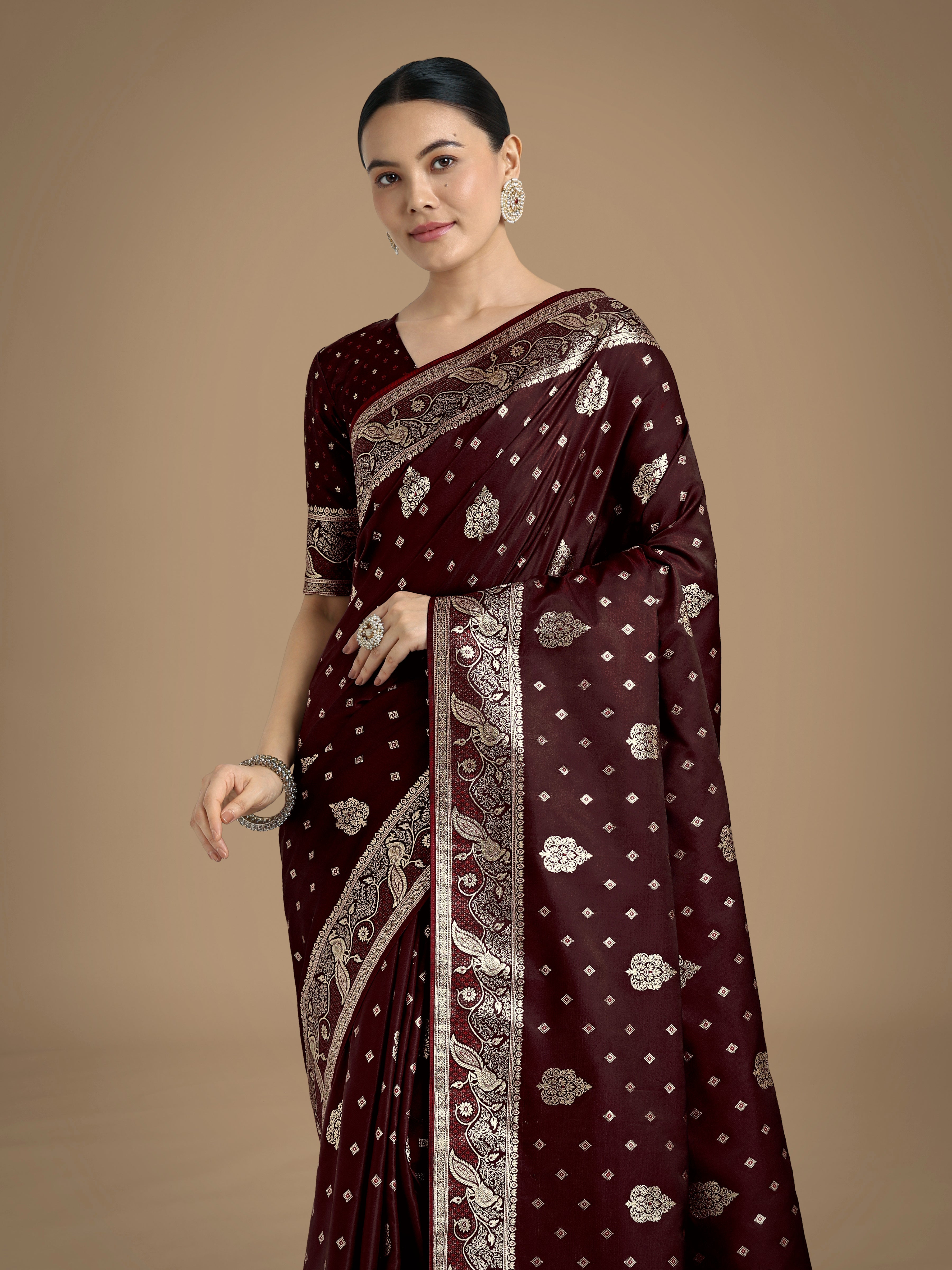Monjolika Fashion Traditional Maroon Woven Banarasi Satin Silk Saree | Grocsy