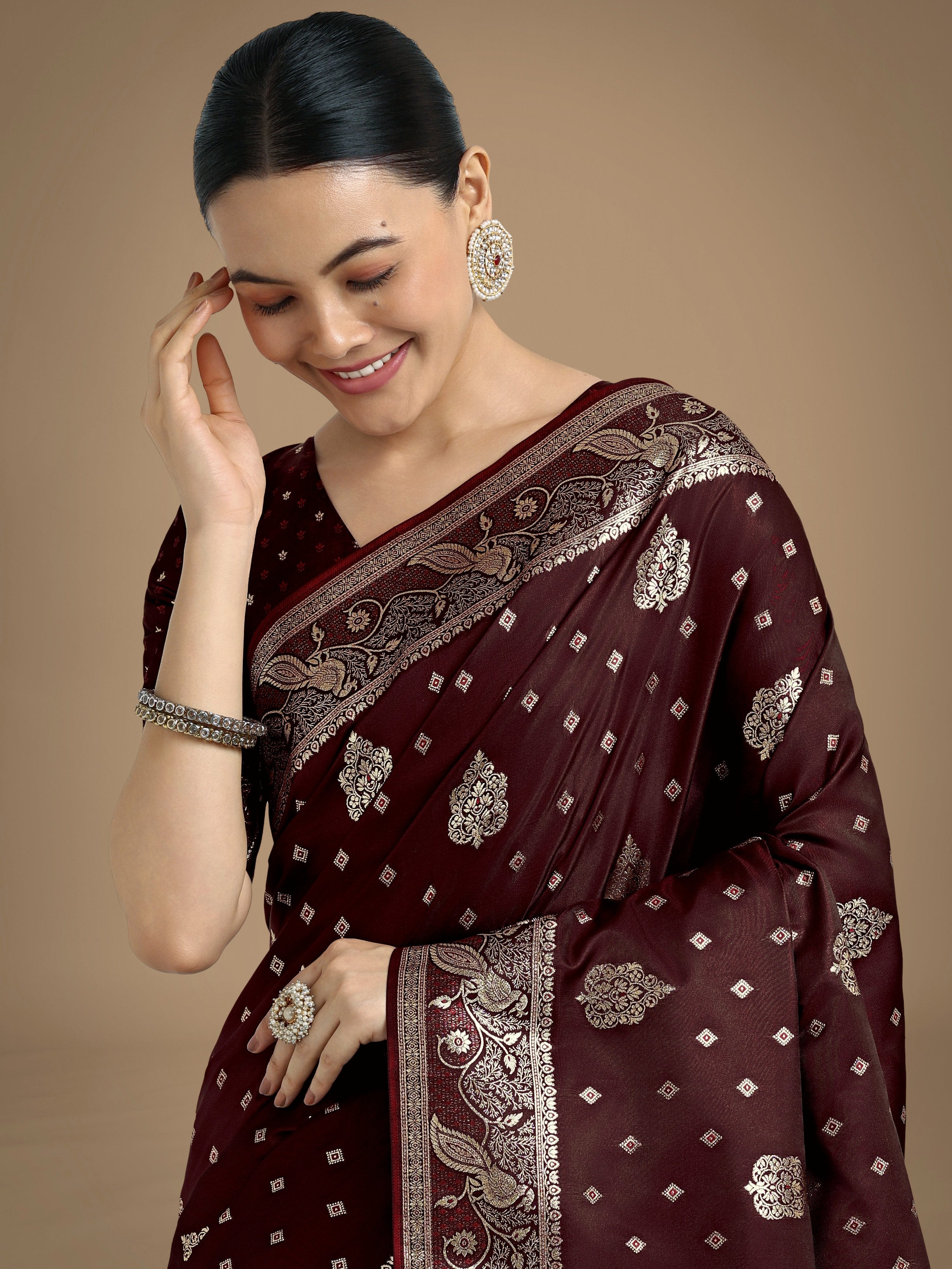 Monjolika Fashion Traditional Maroon Woven Banarasi Satin Silk Saree | Grocsy