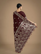 Monjolika Fashion Traditional Maroon Woven Banarasi Satin Silk Saree | Grocsy