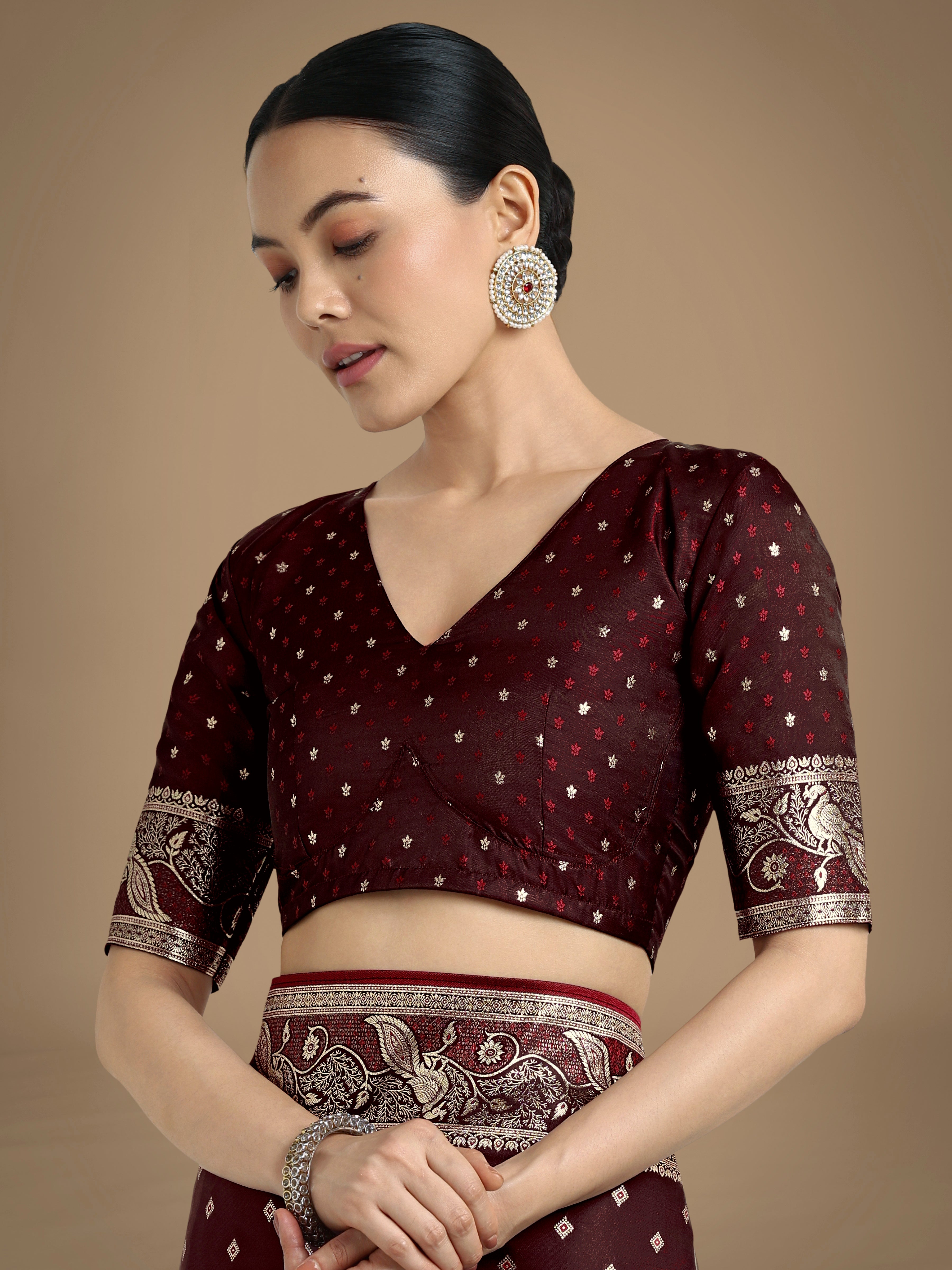 Monjolika Fashion Traditional Maroon Woven Banarasi Satin Silk Saree | Grocsy