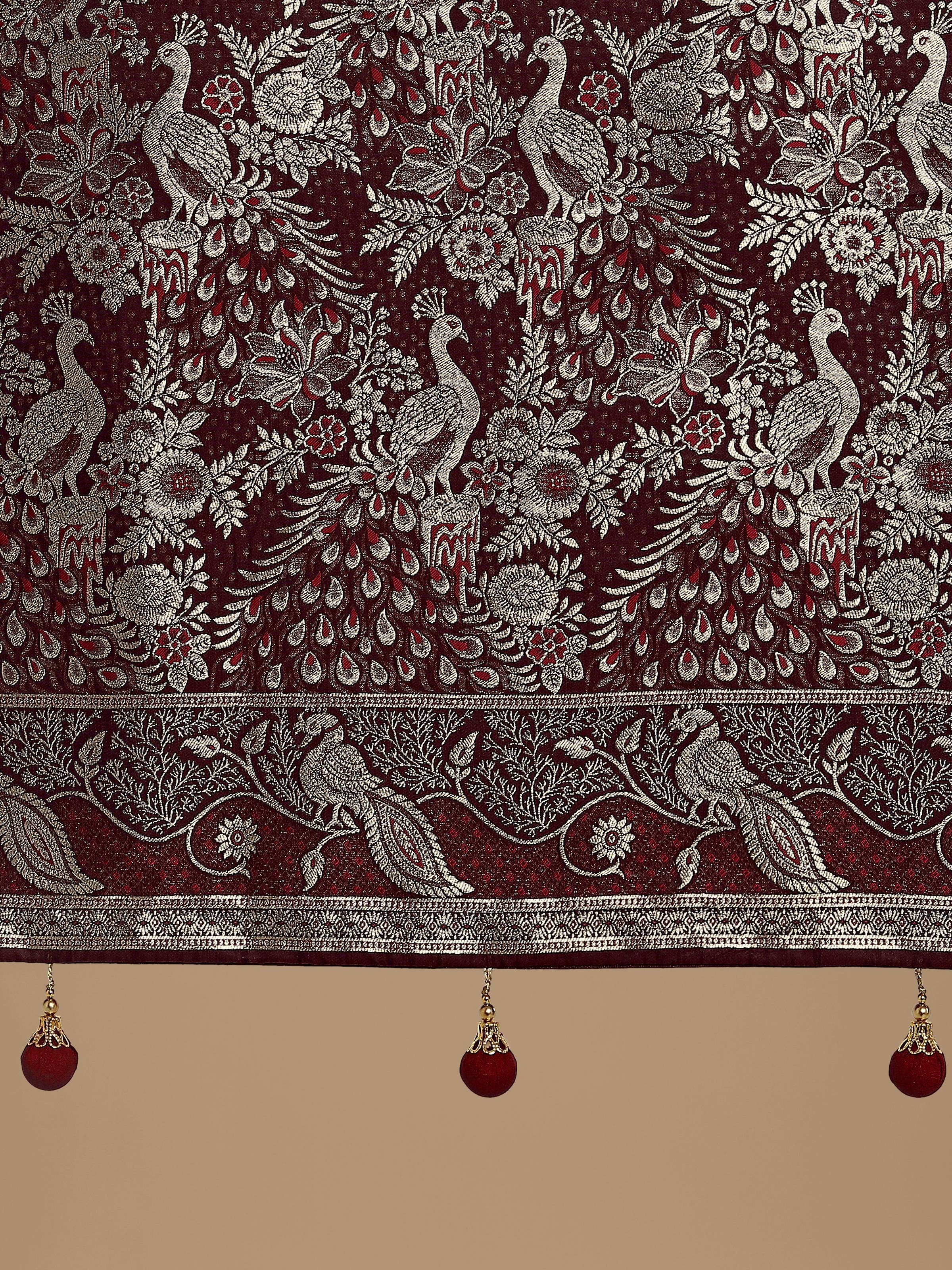 Monjolika Fashion Traditional Maroon Woven Banarasi Satin Silk Saree | Grocsy