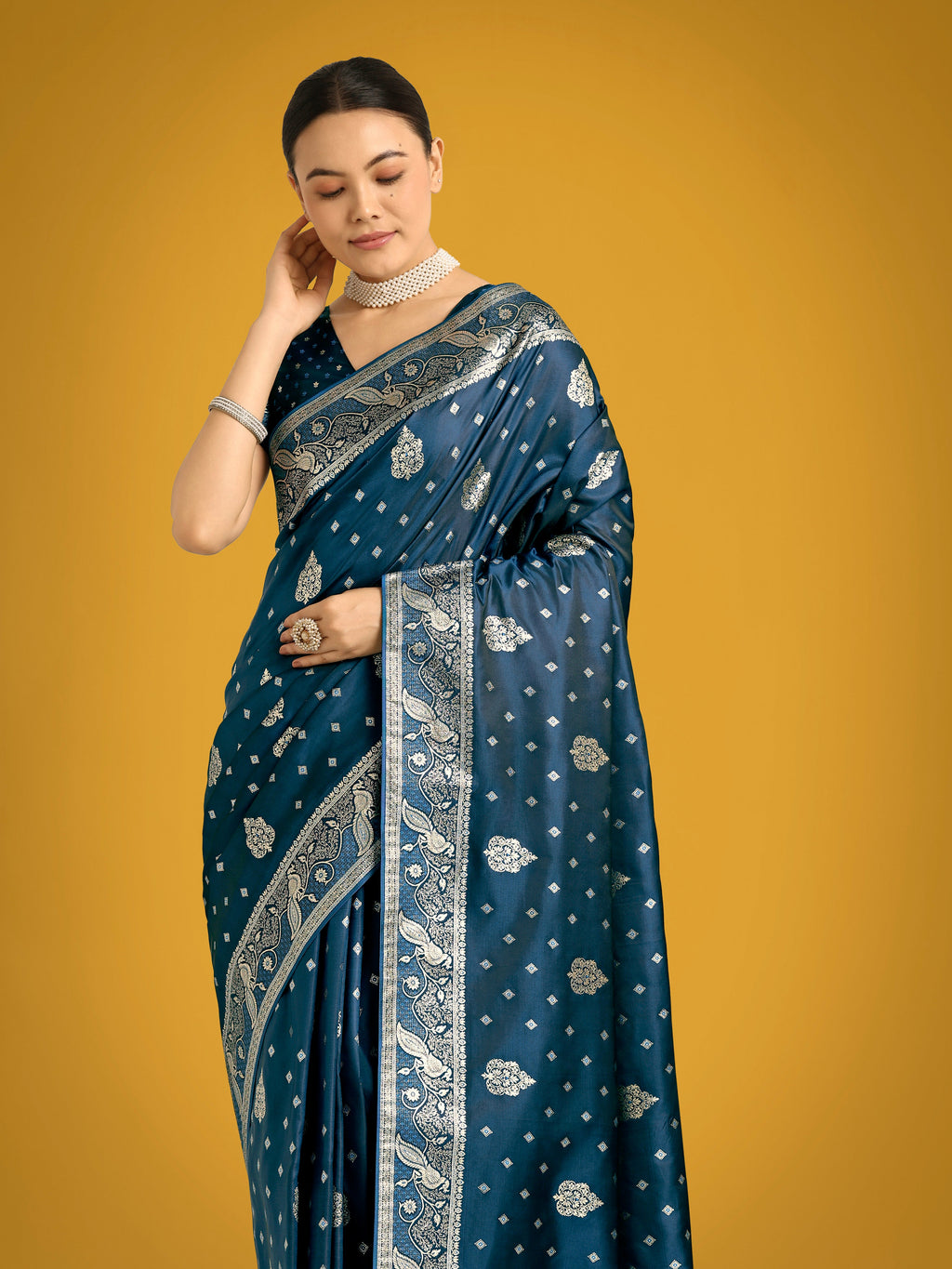 Monjolika Fashion Traditional Aqua blue Woven Banarasi Satin Silk Saree | Grocsy