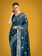 Monjolika Fashion Traditional Aqua blue Woven Banarasi Satin Silk Saree | Grocsy
