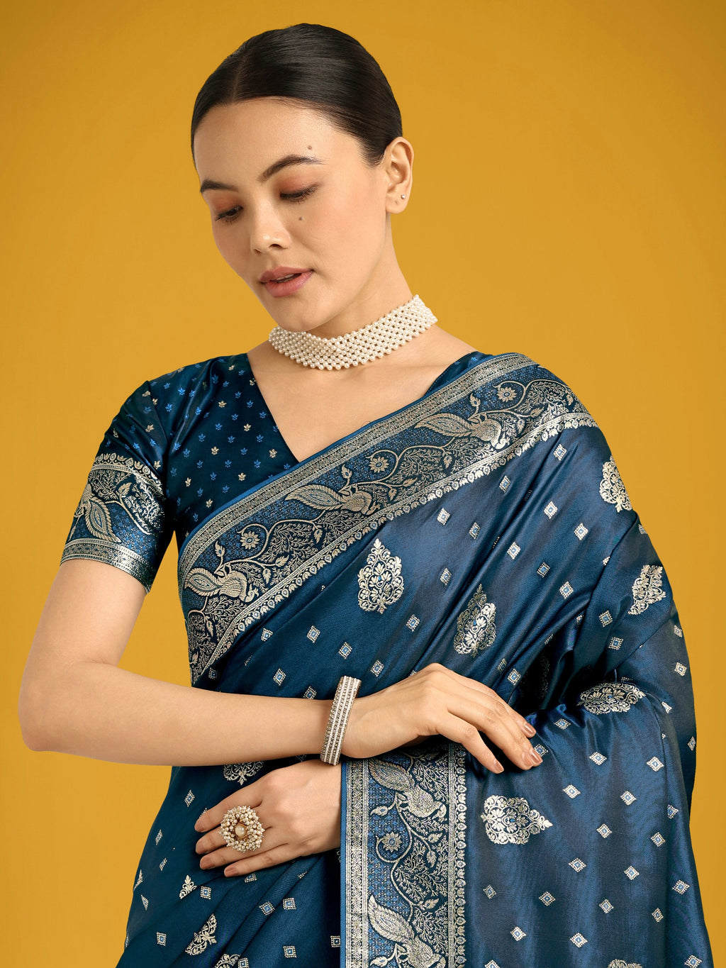 Monjolika Fashion Traditional Aqua blue Woven Banarasi Satin Silk Saree | Grocsy