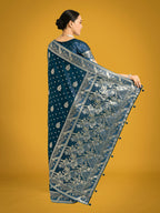 Monjolika Fashion Traditional Aqua blue Woven Banarasi Satin Silk Saree | Grocsy