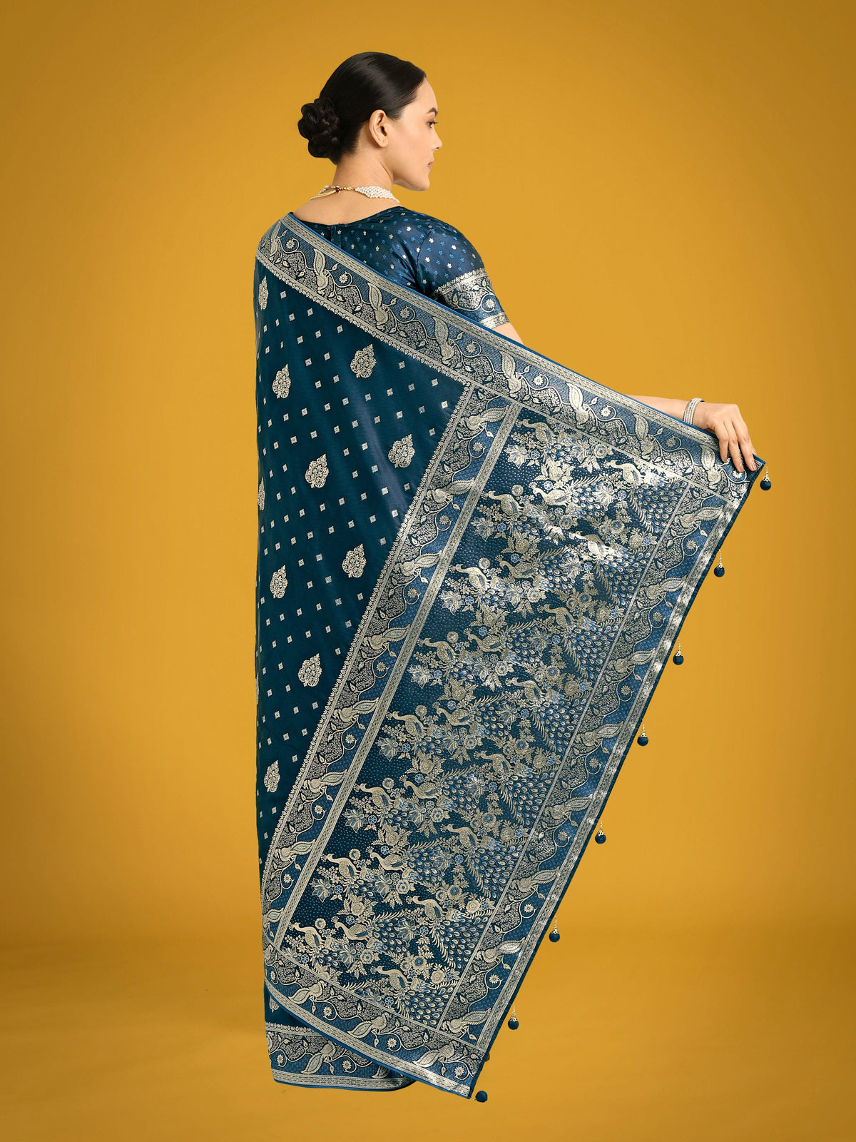 Monjolika Fashion Traditional Aqua blue Woven Banarasi Satin Silk Saree | Grocsy
