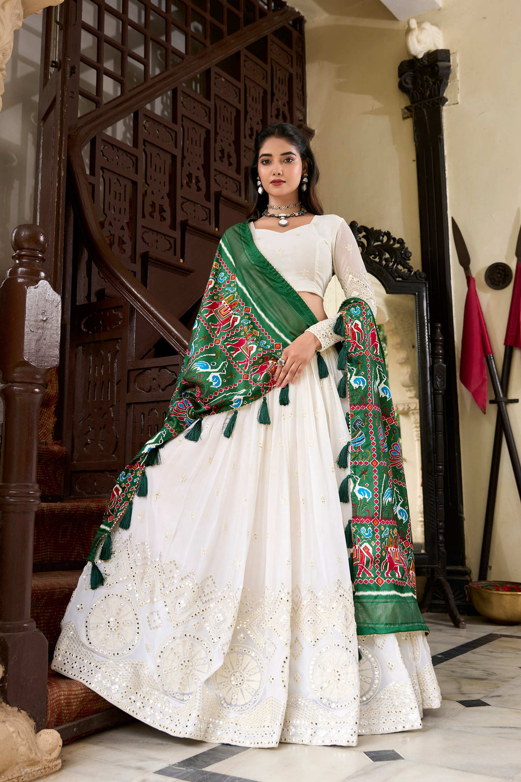 Lorenvalley Fashion White Georgette Lucknowi Paper Mirror Work Lehenga Choli with Dupatta | Grocsy