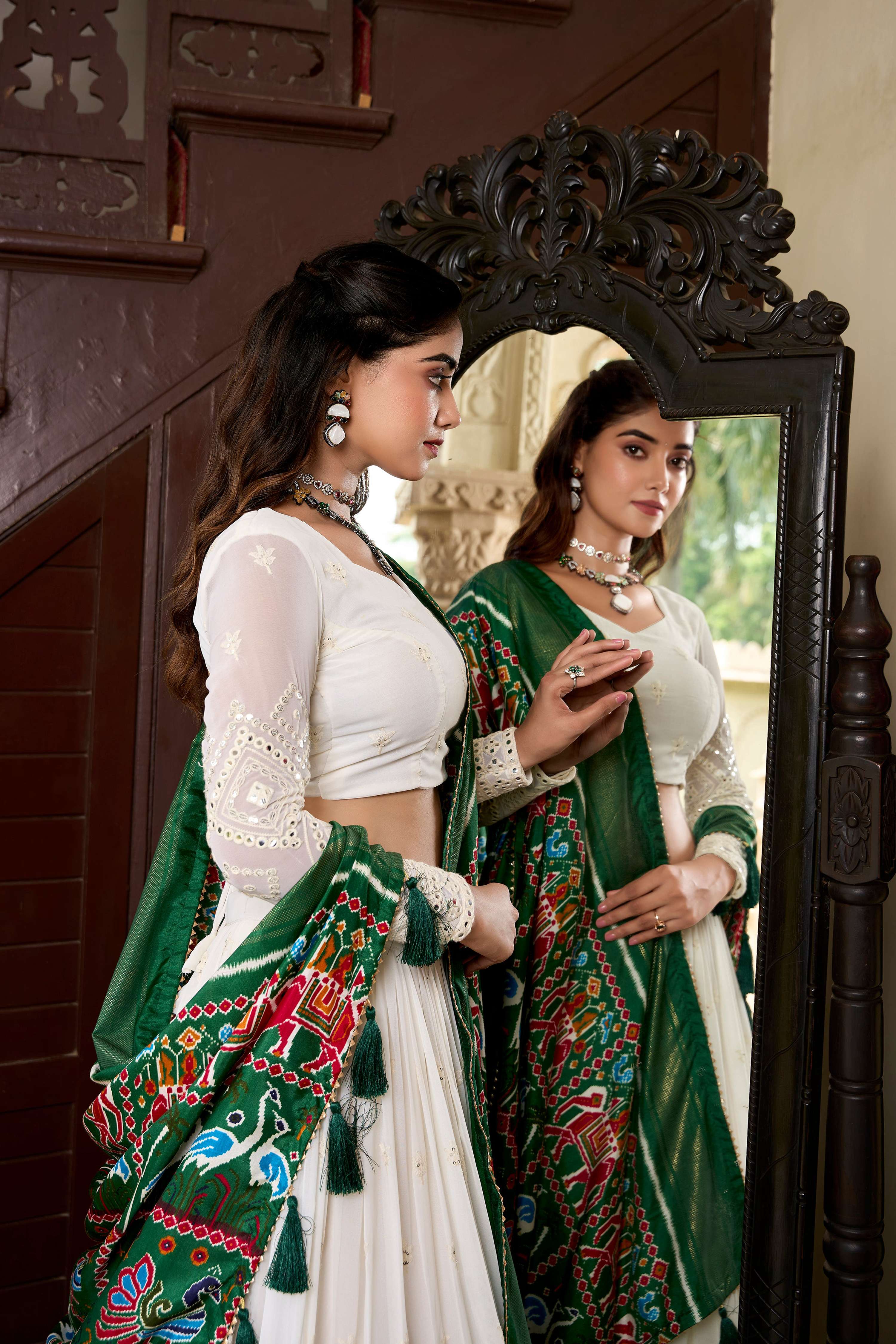 Lorenvalley Fashion White Georgette Lucknowi Paper Mirror Work Lehenga Choli with Dupatta | Grocsy