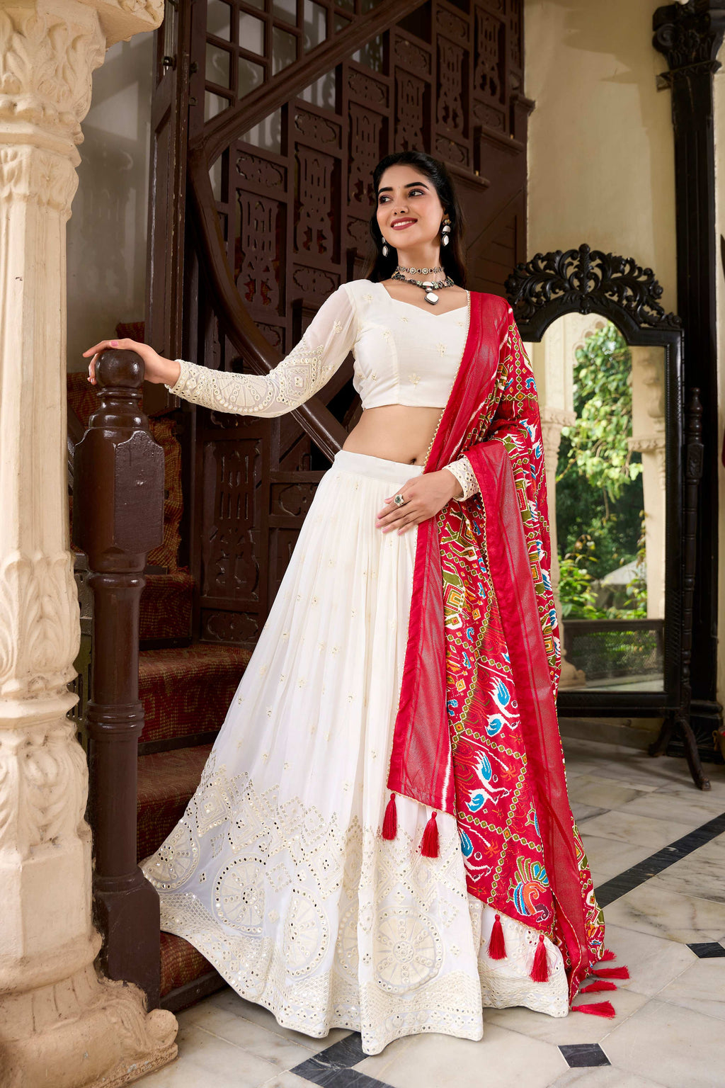 Lorenvalley Fashion White Georgette Lucknowi Paper Mirror Work Lehenga Choli with Dupatta | Grocsy