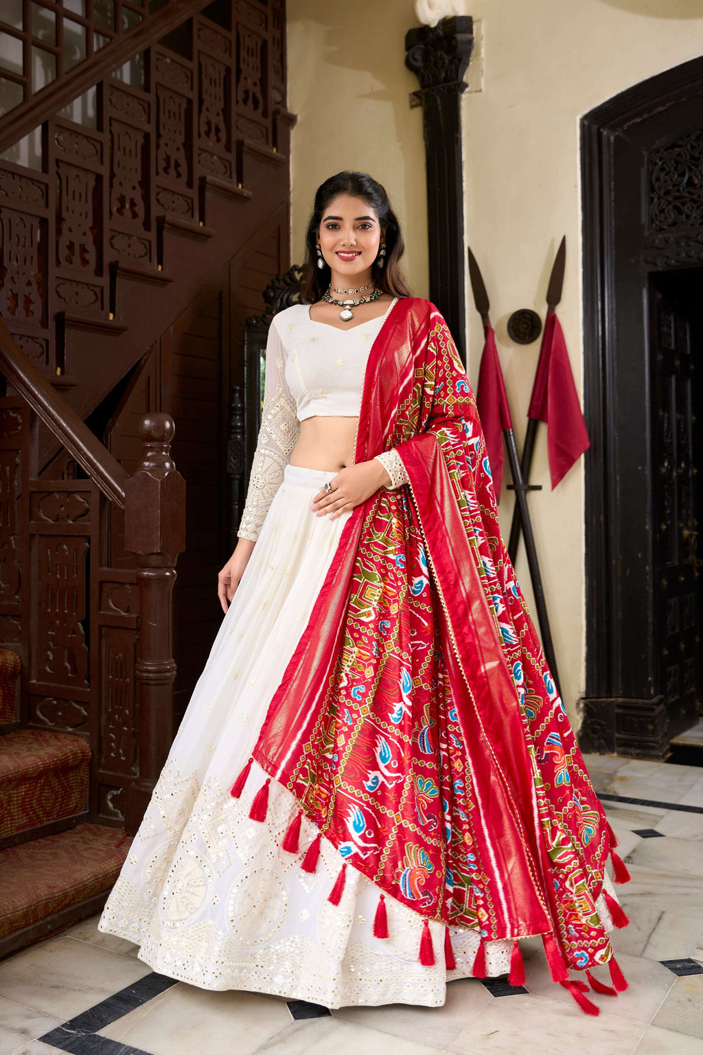 Lorenvalley Fashion White Georgette Lucknowi Paper Mirror Work Lehenga Choli with Dupatta | Grocsy
