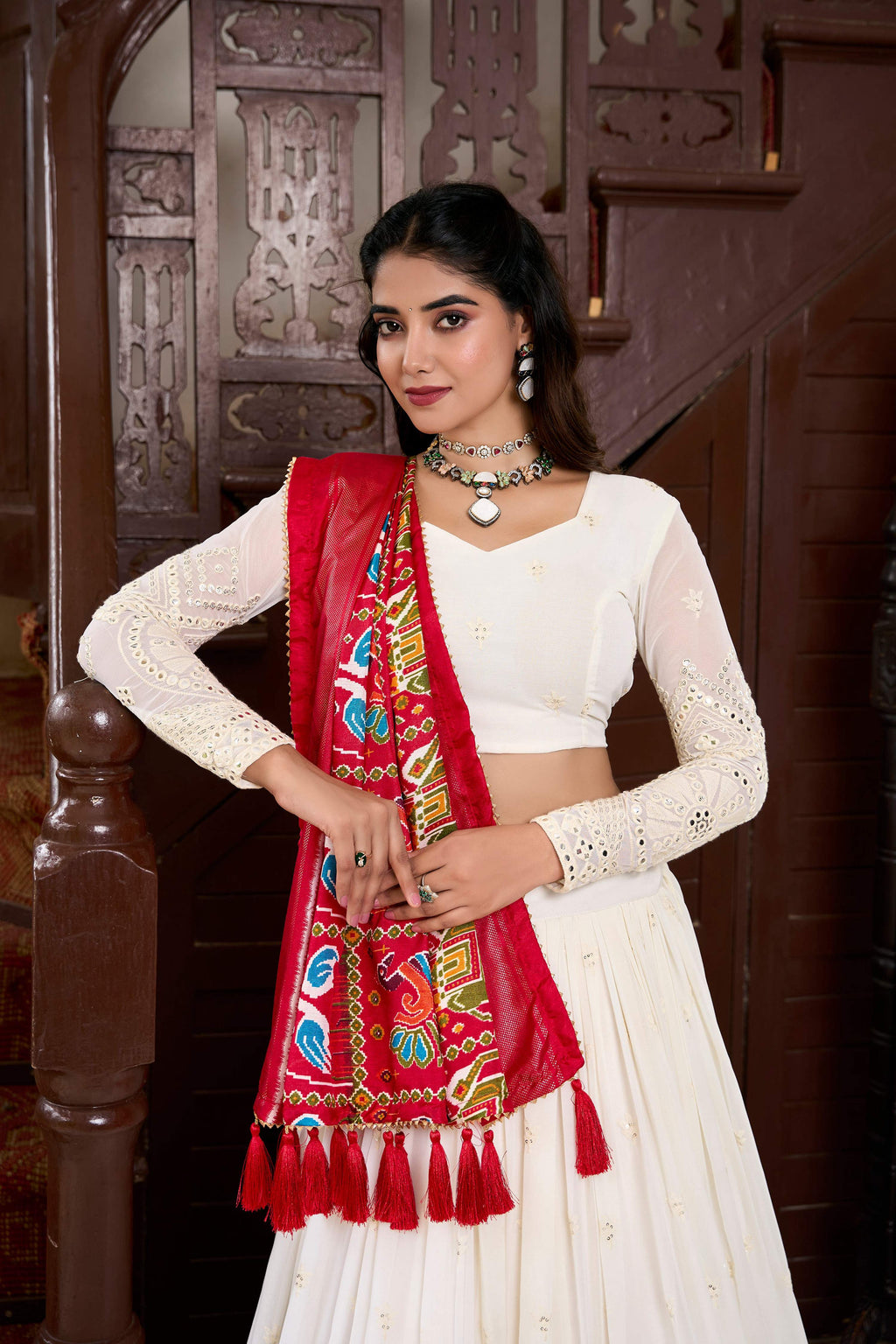 Lorenvalley Fashion White Georgette Lucknowi Paper Mirror Work Lehenga Choli with Dupatta | Grocsy