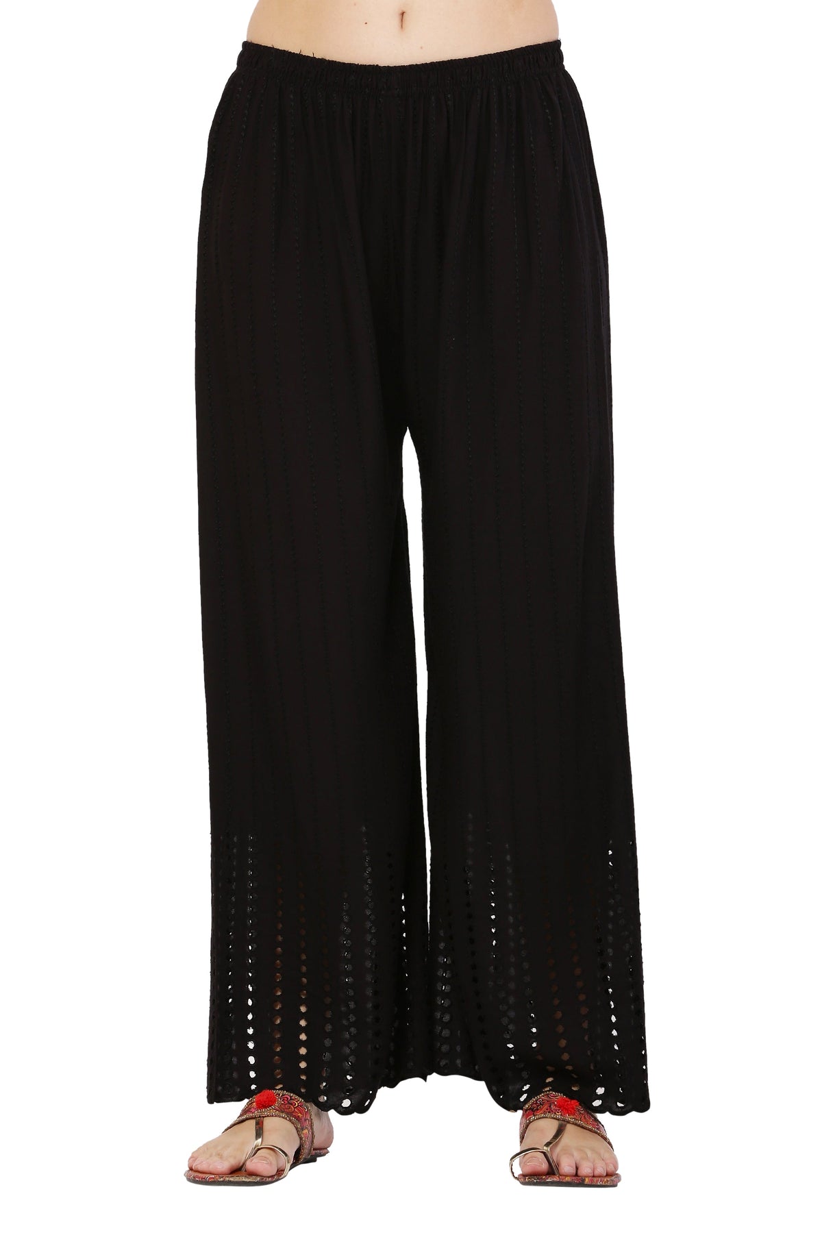 PAVONINE Black Color Goti Aari Work Rayon Fabric Palazzo For Women | Grocsy