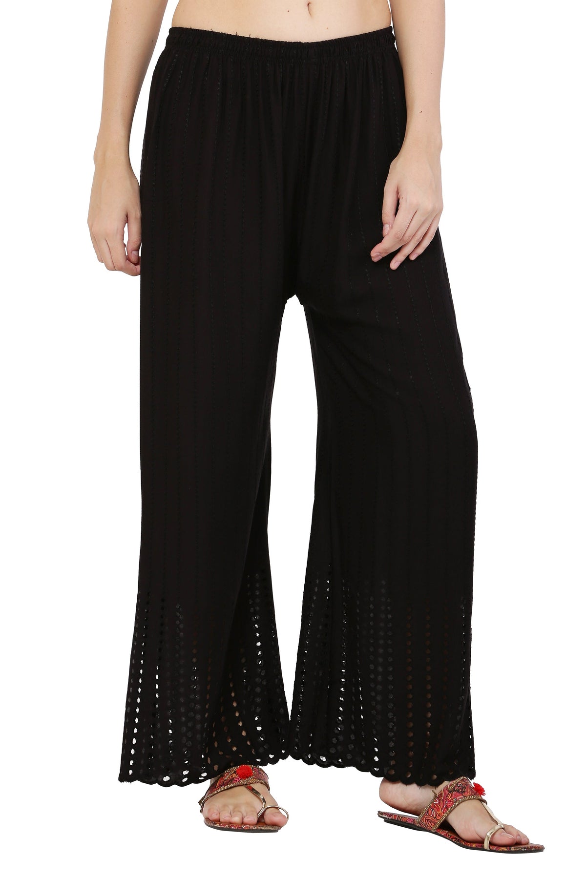PAVONINE Black Color Goti Aari Work Rayon Fabric Palazzo For Women | Grocsy