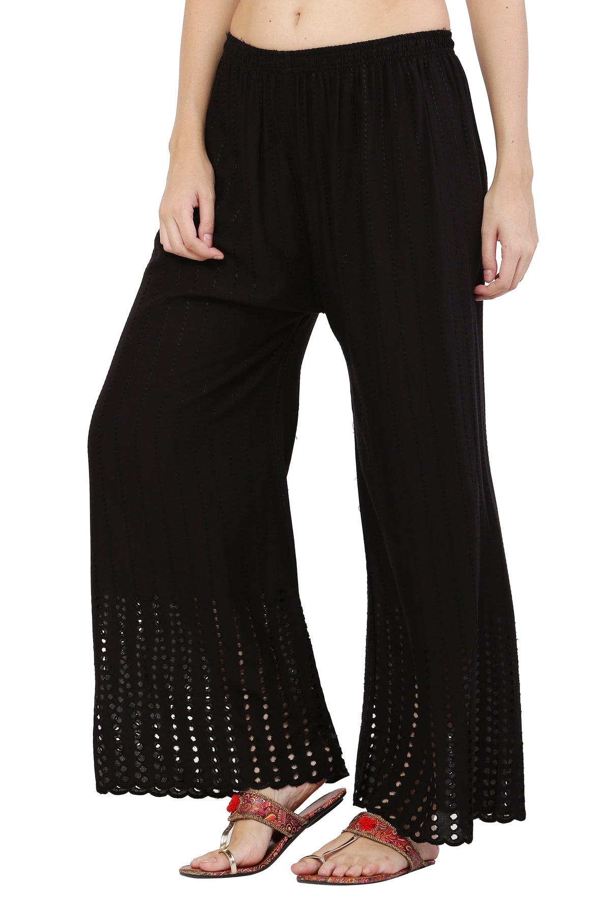 PAVONINE Black Color Goti Aari Work Rayon Fabric Palazzo For Women | Grocsy