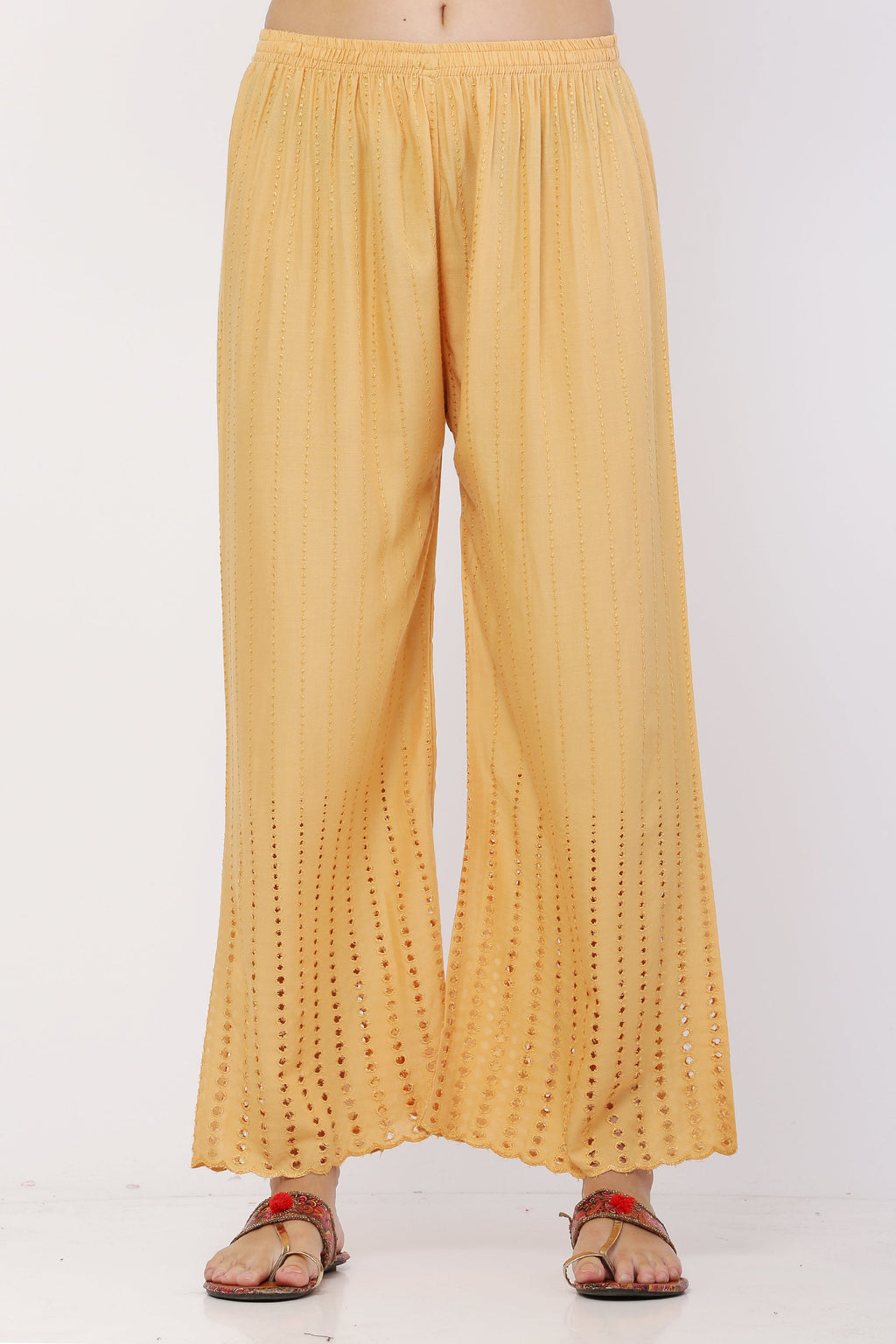 PAVONINE Beige Color Goti Aari Work Rayon Fabric Palazzo For Women | Grocsy