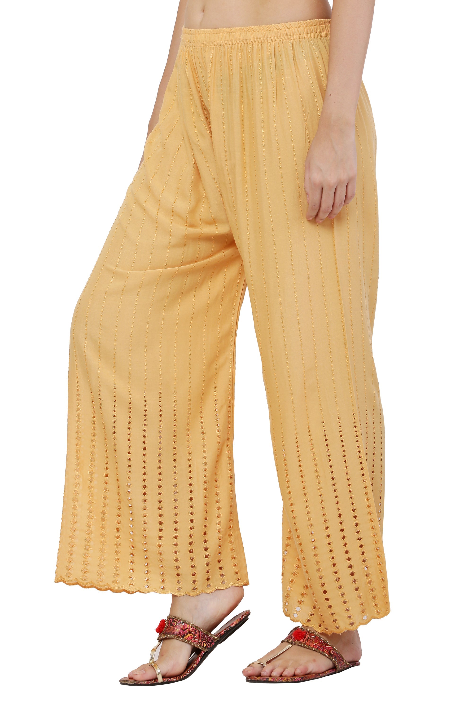PAVONINE Beige Color Goti Aari Work Rayon Fabric Palazzo For Women | Grocsy