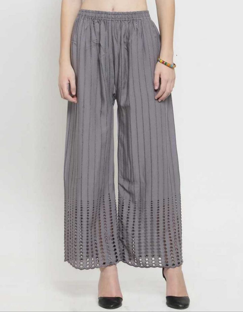 PAVONINE Grey Color Goti Aari Work Rayon Fabric Palazzo For Women | Grocsy