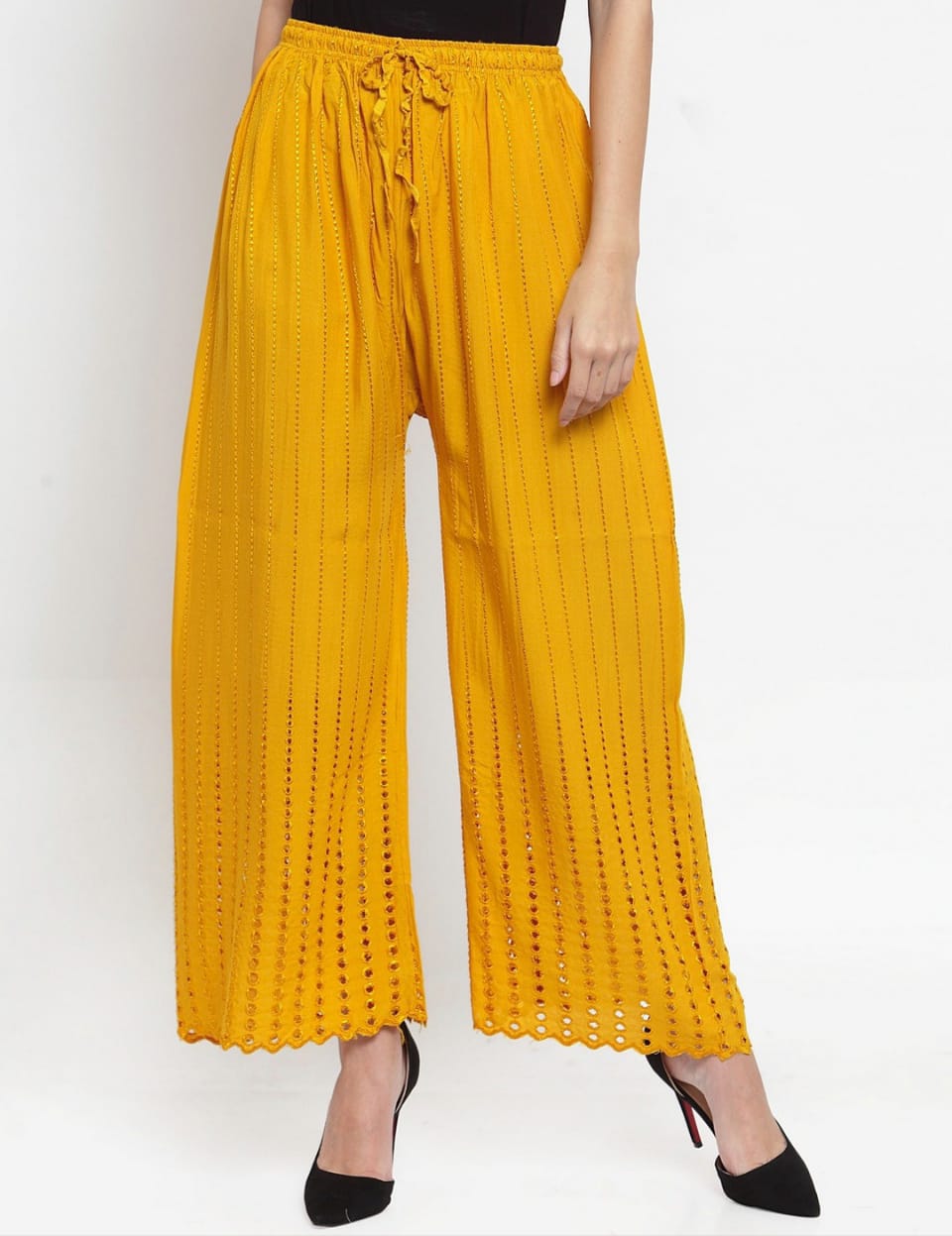 PAVONINE Mustard Color Goti Aari Work Rayon Fabric Palazzo For Women | Grocsy