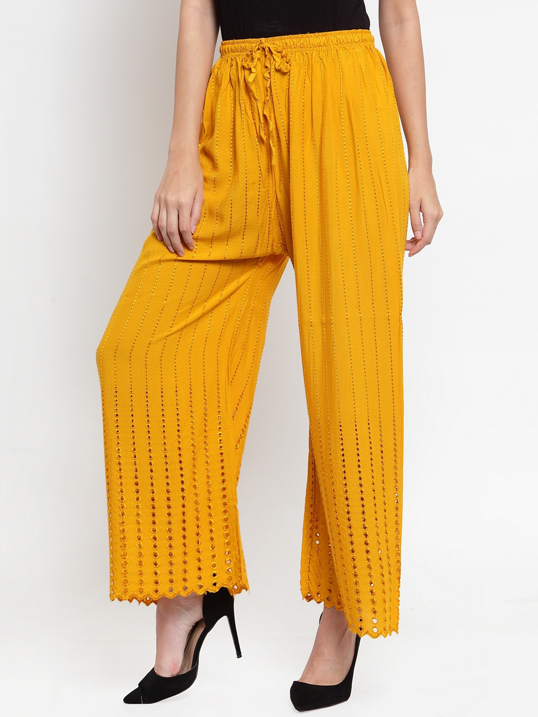 PAVONINE Mustard Color Goti Aari Work Rayon Fabric Palazzo For Women | Grocsy